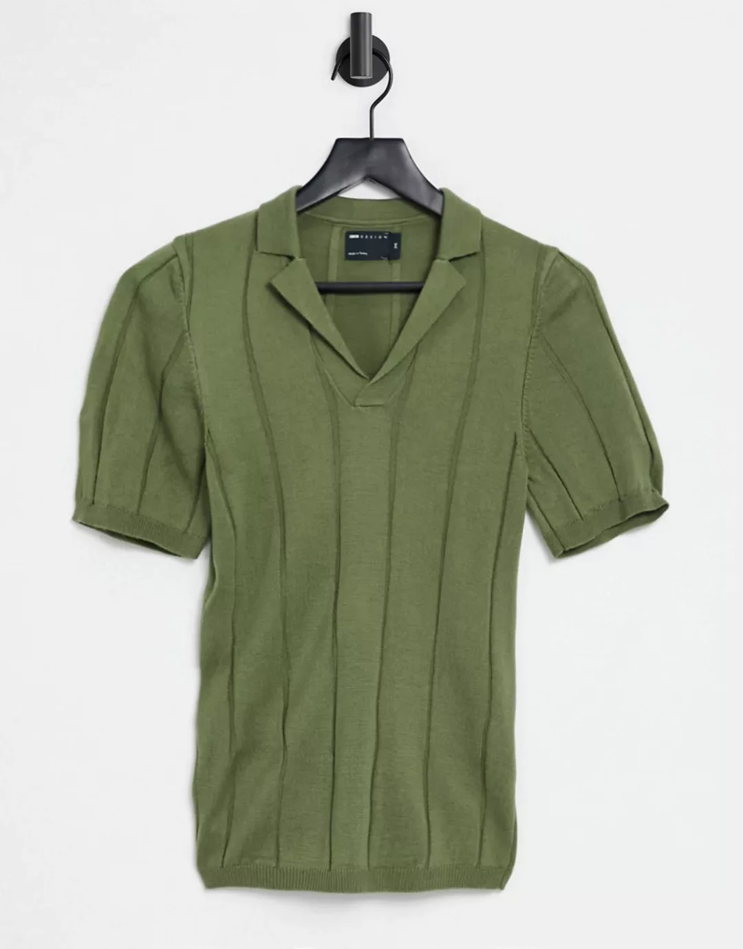 ASOS DESIGN – T-Shirt aus breitem Rippstrick mit Reverskragen in Khaki-Grün günstig online kaufen