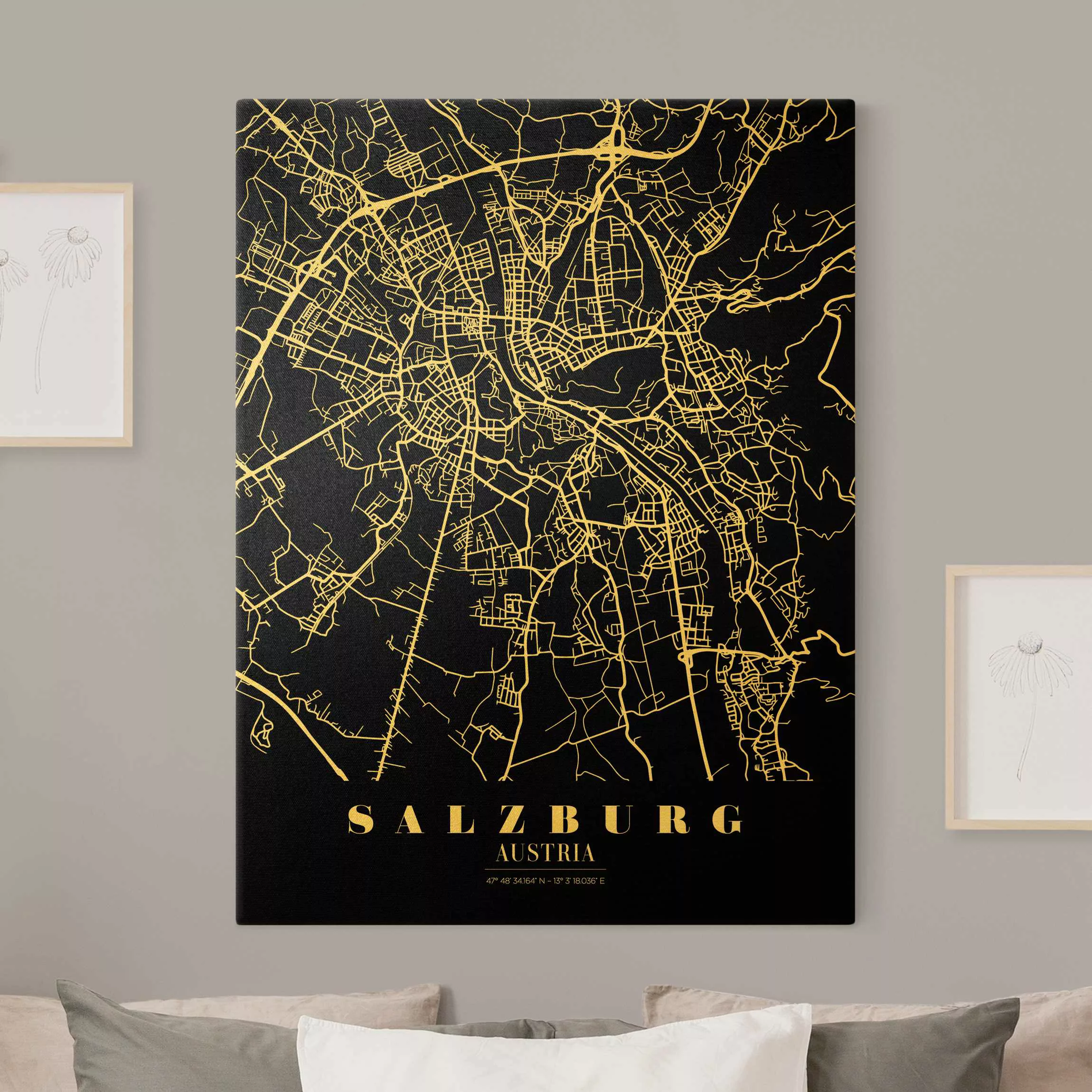 Leinwandbild Gold Stadtplan Salzburg - Klassik Schwarz günstig online kaufen