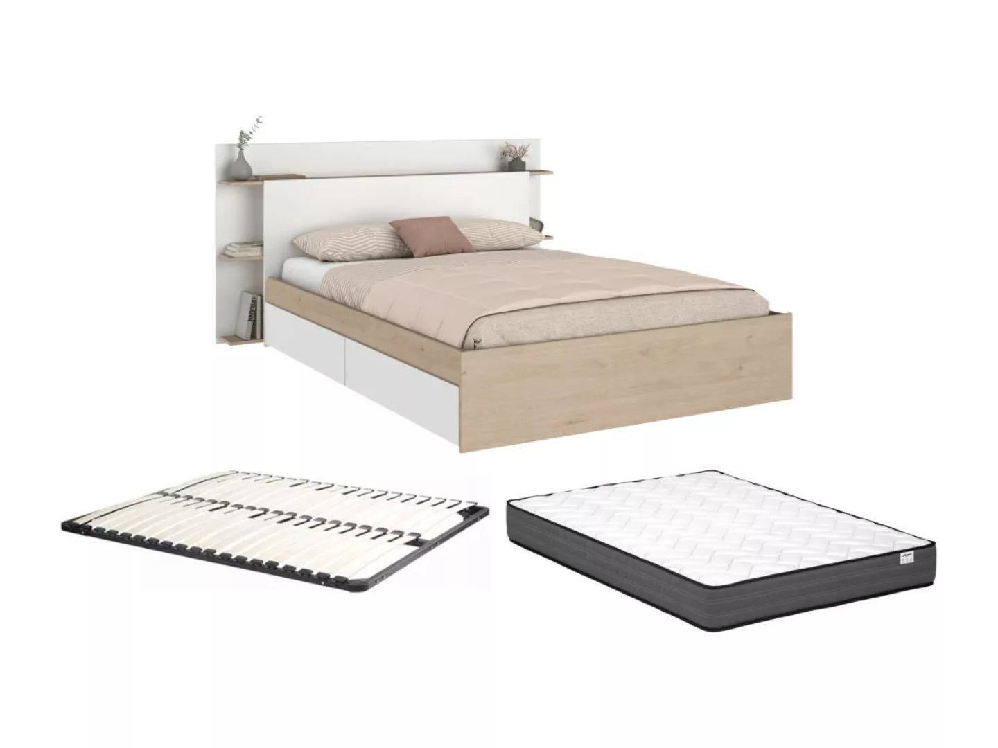 Bett mit 4 Schubladen + Lattenrost + Matratze - 140 x 190/200 cm - Holzfarb günstig online kaufen
