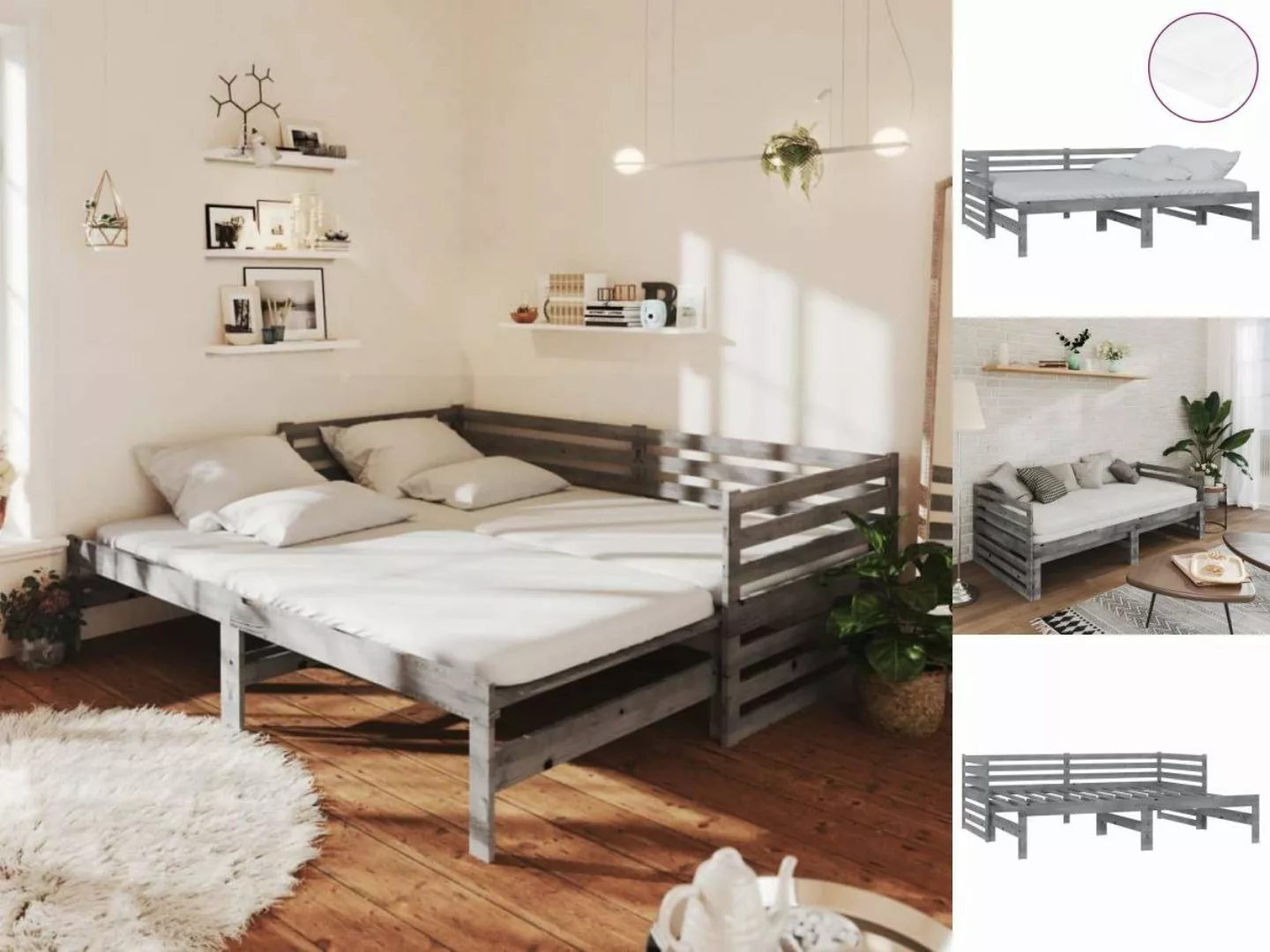 vidaXL Bettgestell Ausziehbares Tagesbett Gästebett 2x90x200 cm Grau Massiv günstig online kaufen