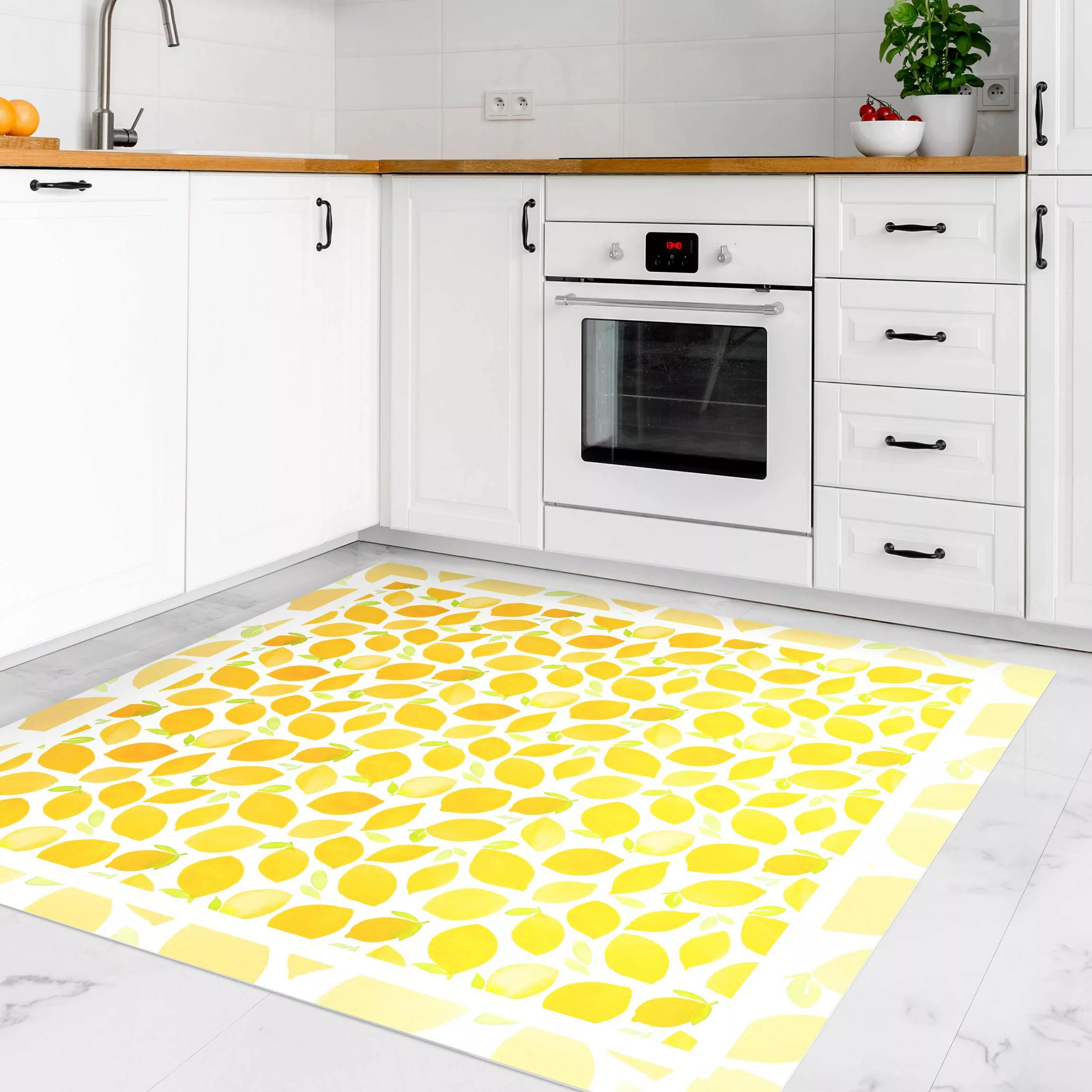 Vinyl-Teppich Aquarell Zitronen mit Blättern und Rahmen günstig online kaufen