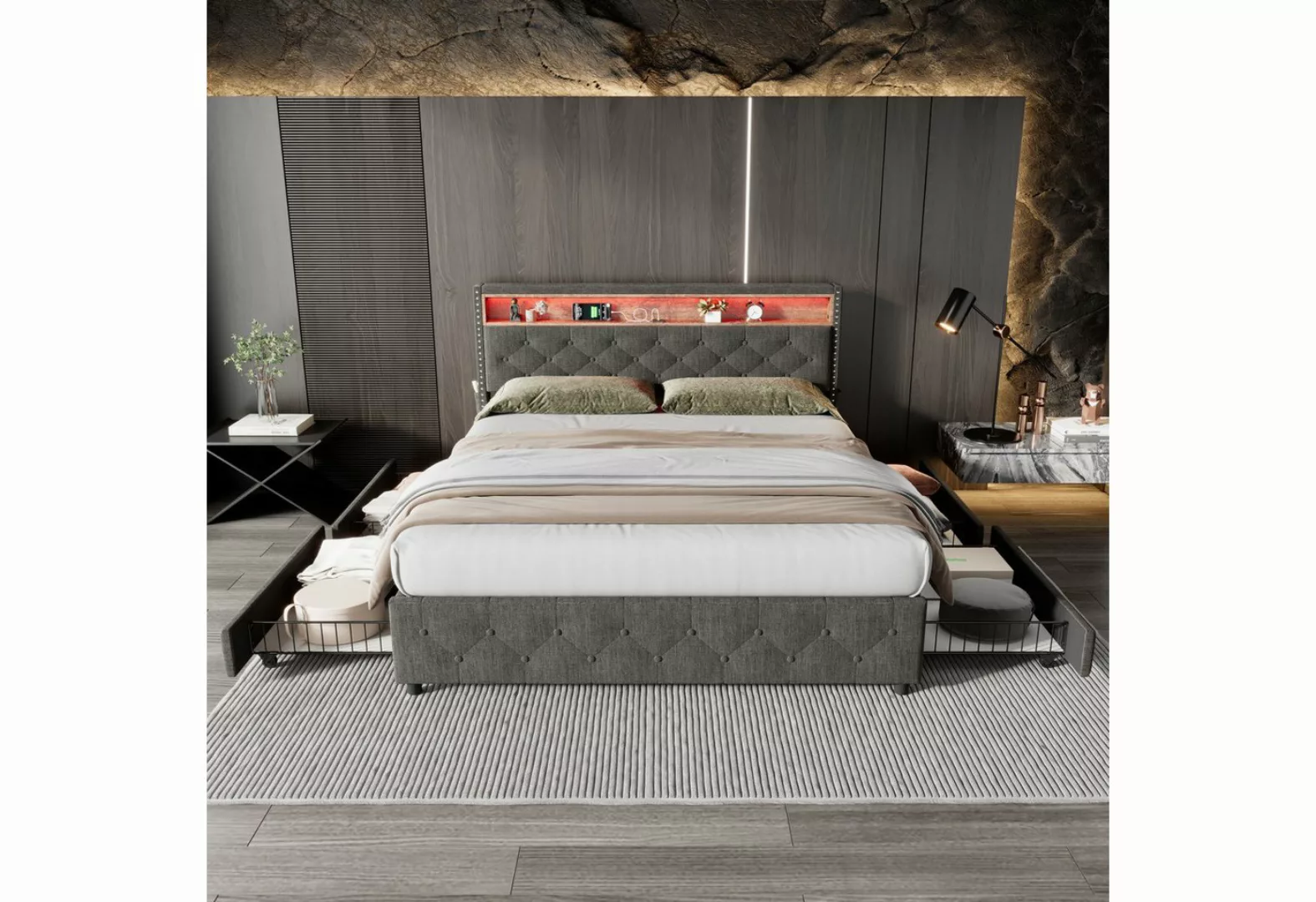 OKWISH Polsterbett Doppelbett (LED-Bett, Nachttisch-USB-Schnittstelle, Pols günstig online kaufen