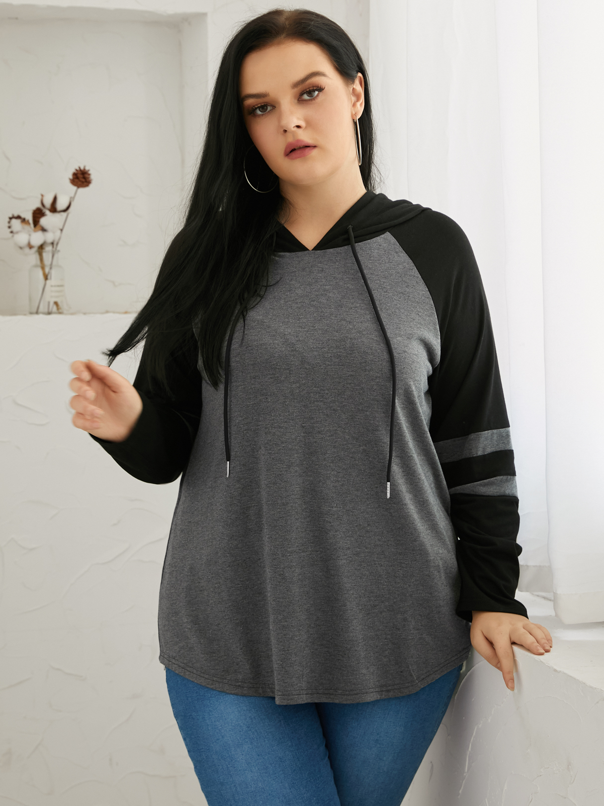 YOINS Plus Size Gestreifter Farbblock Kordelzug Patchwork Hoodie günstig online kaufen