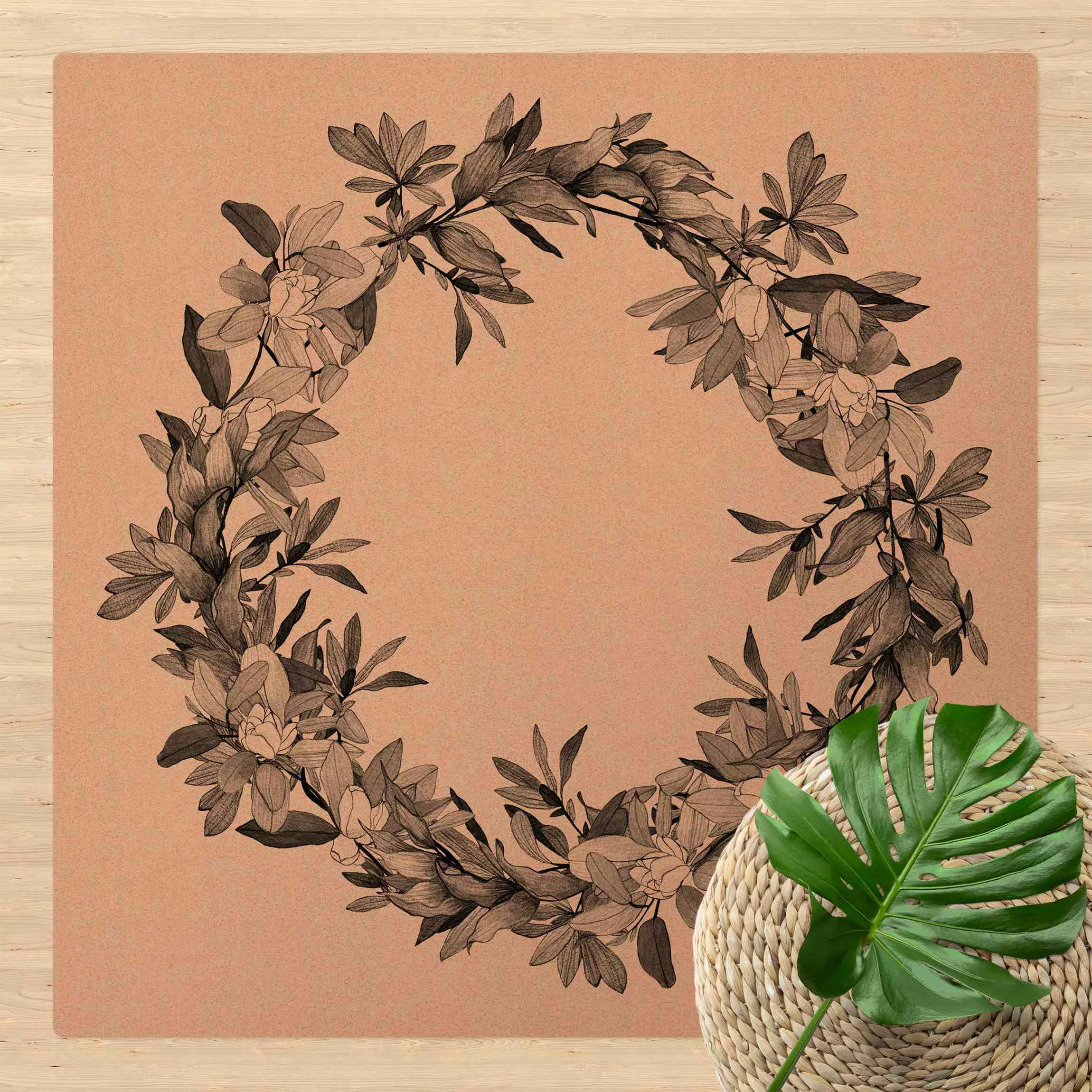 Kork-Teppich Romantischer Blütenkranz Grau günstig online kaufen