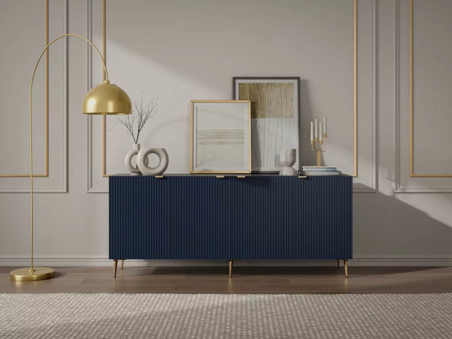 Sideboard mit 4 Türen - MDF & Stahl - Blau & Goldfarben - YESINIA günstig online kaufen