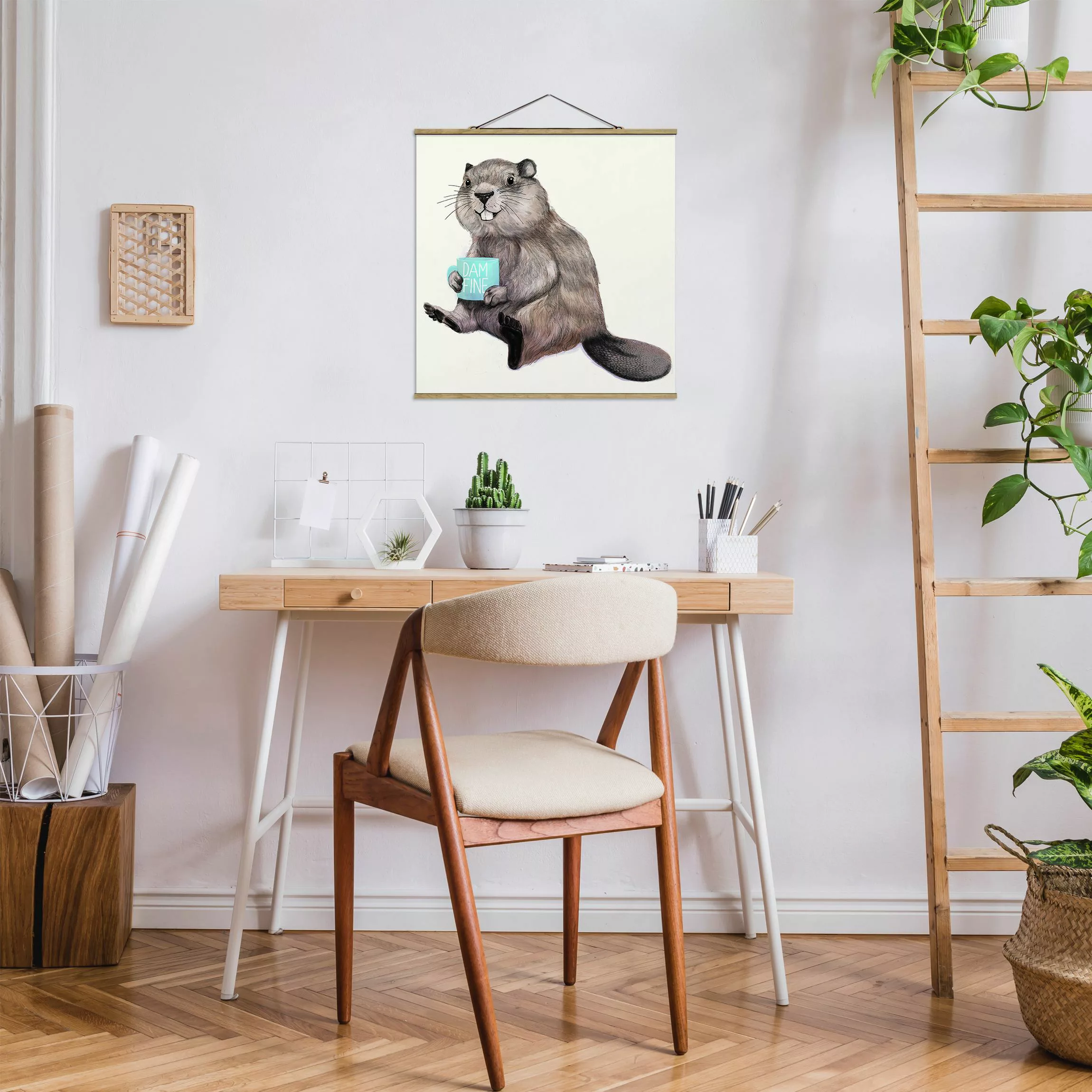 Stoffbild Tiere mit Posterleisten - Quadrat Illustration Biber mit Kaffeeta günstig online kaufen