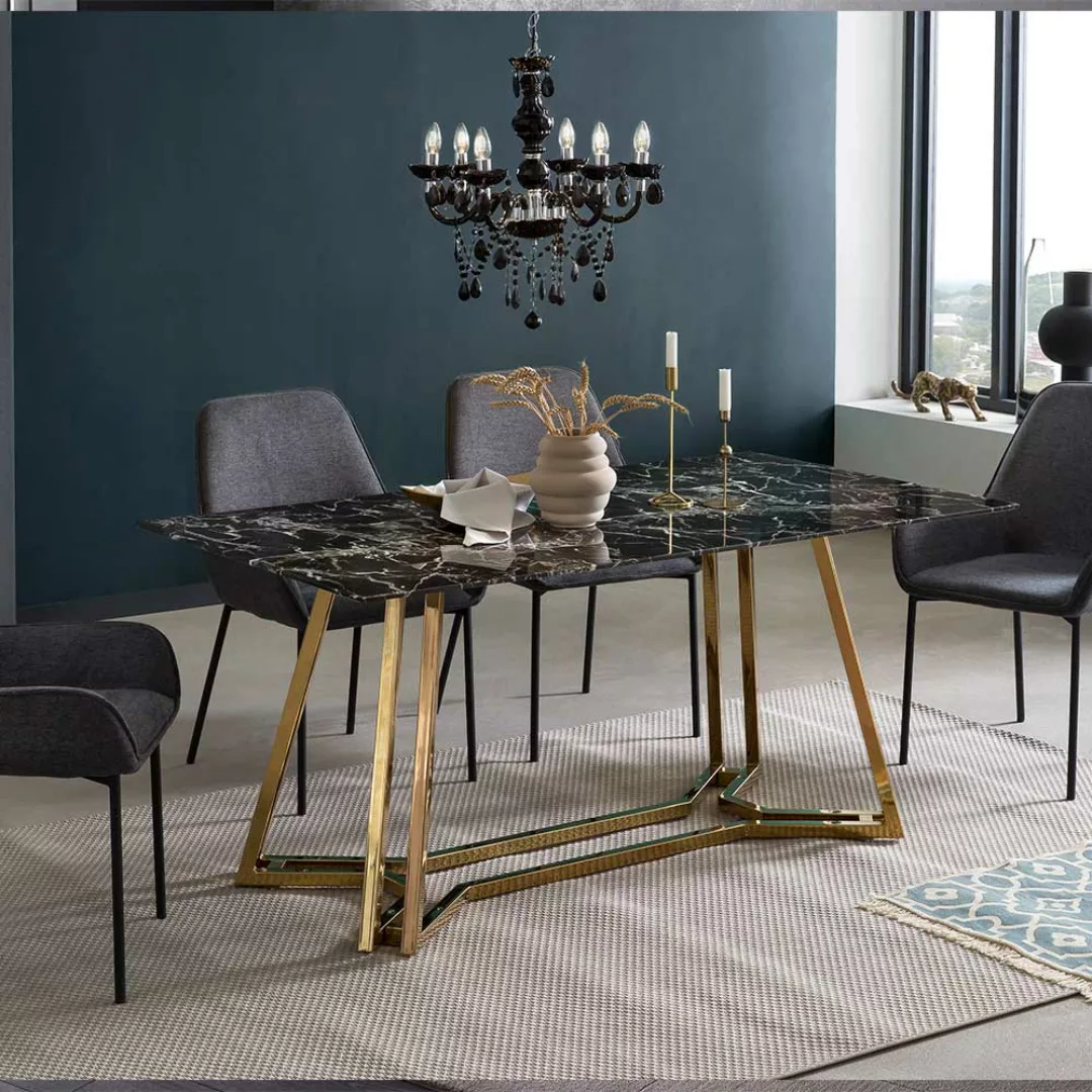 Design Esstisch mit Glasplatte schwarz marmoriert Metall Bügelgestell Goldf günstig online kaufen