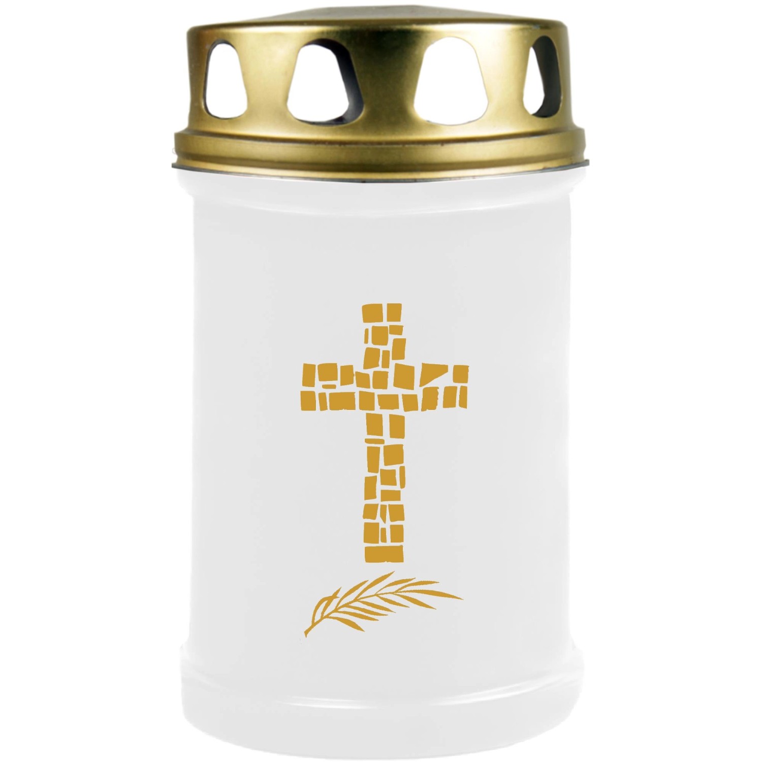 HS Candle Grabkerze Weiß 48h Deckel Und Druck Gold Kreuz günstig online kaufen