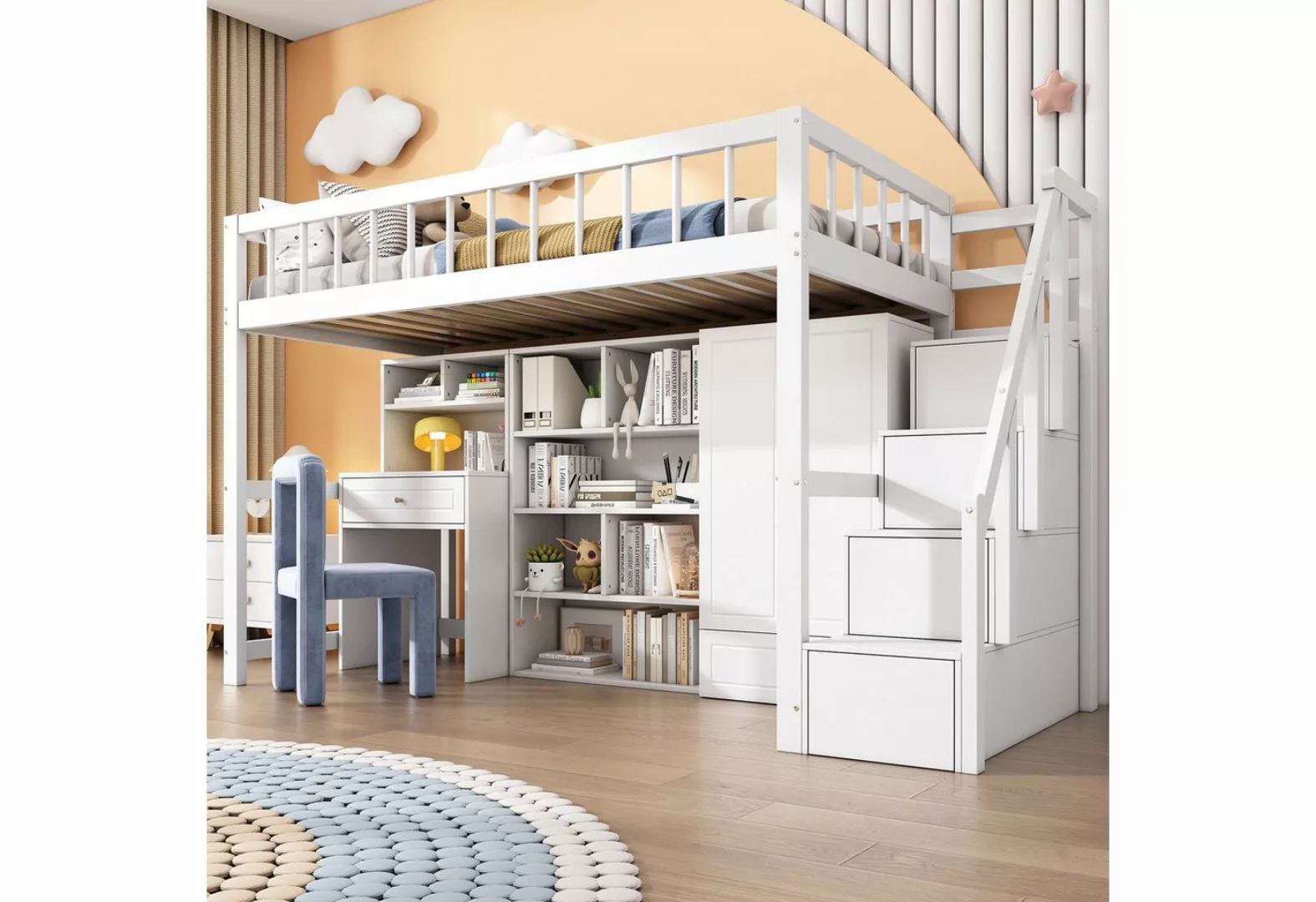 Flieks Hochbett Kinderbett Etagenbett mit Schreibtisch, Schrank, Stautreppe günstig online kaufen