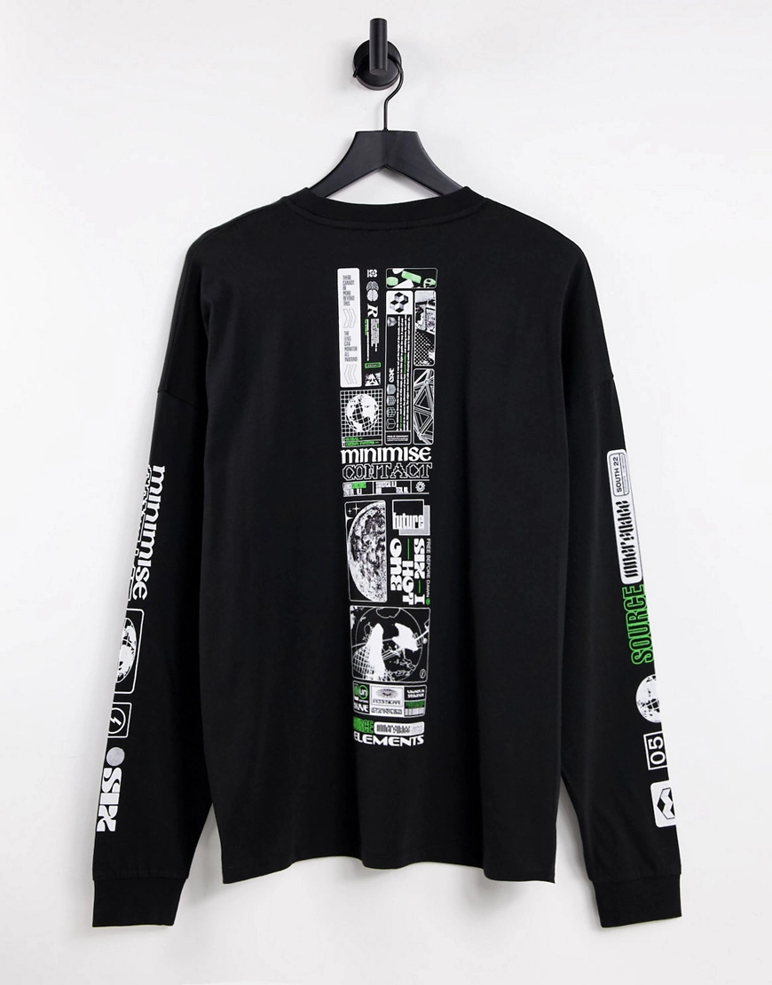 ASOS DESIGN – Langärmliges Oversize-Shirt in Schwarz mit mehreren Grafikpri günstig online kaufen