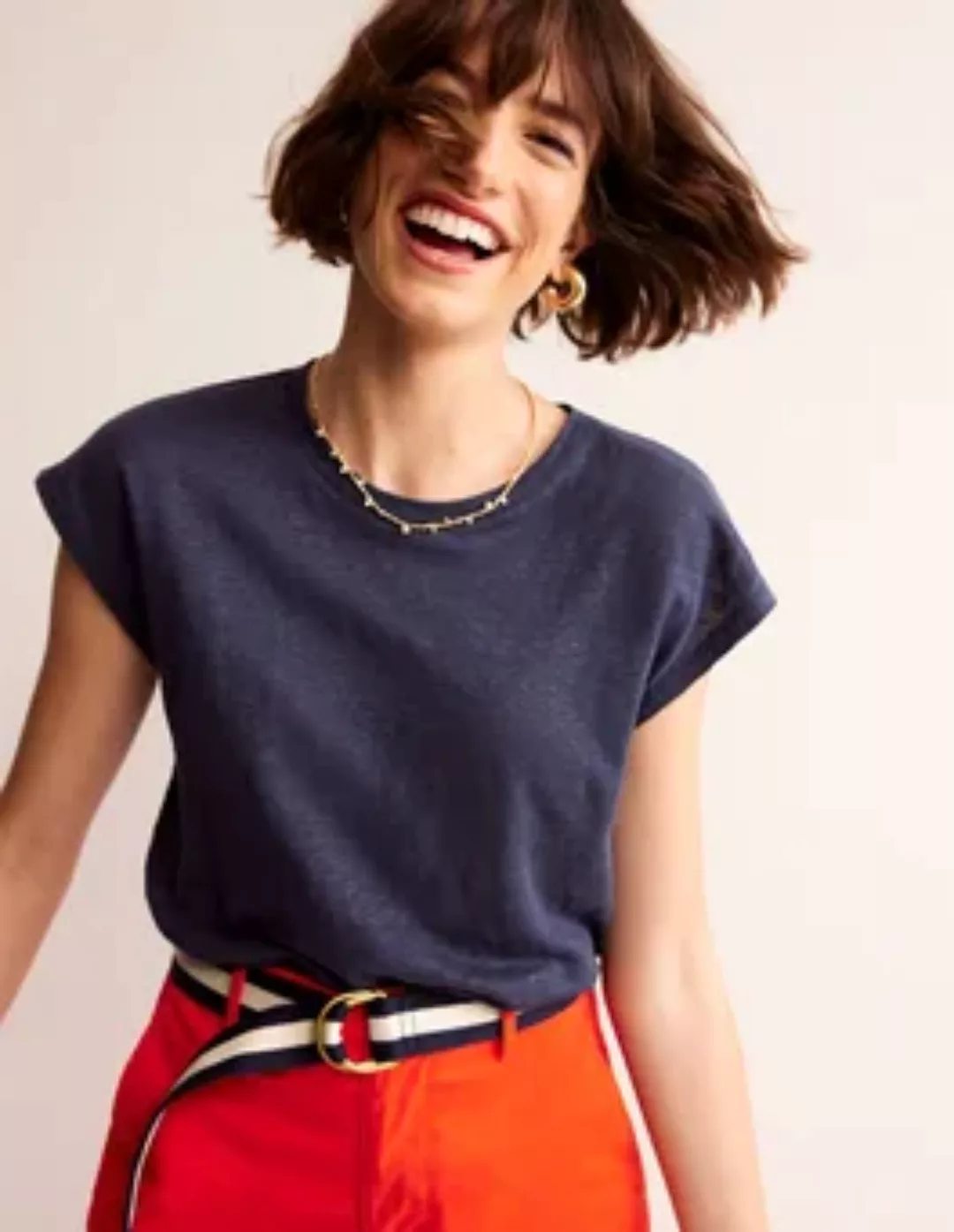 Louisa Leinen-T-Shirt mit Rundhalsausschnitt Damen Boden, Marineblau günstig online kaufen