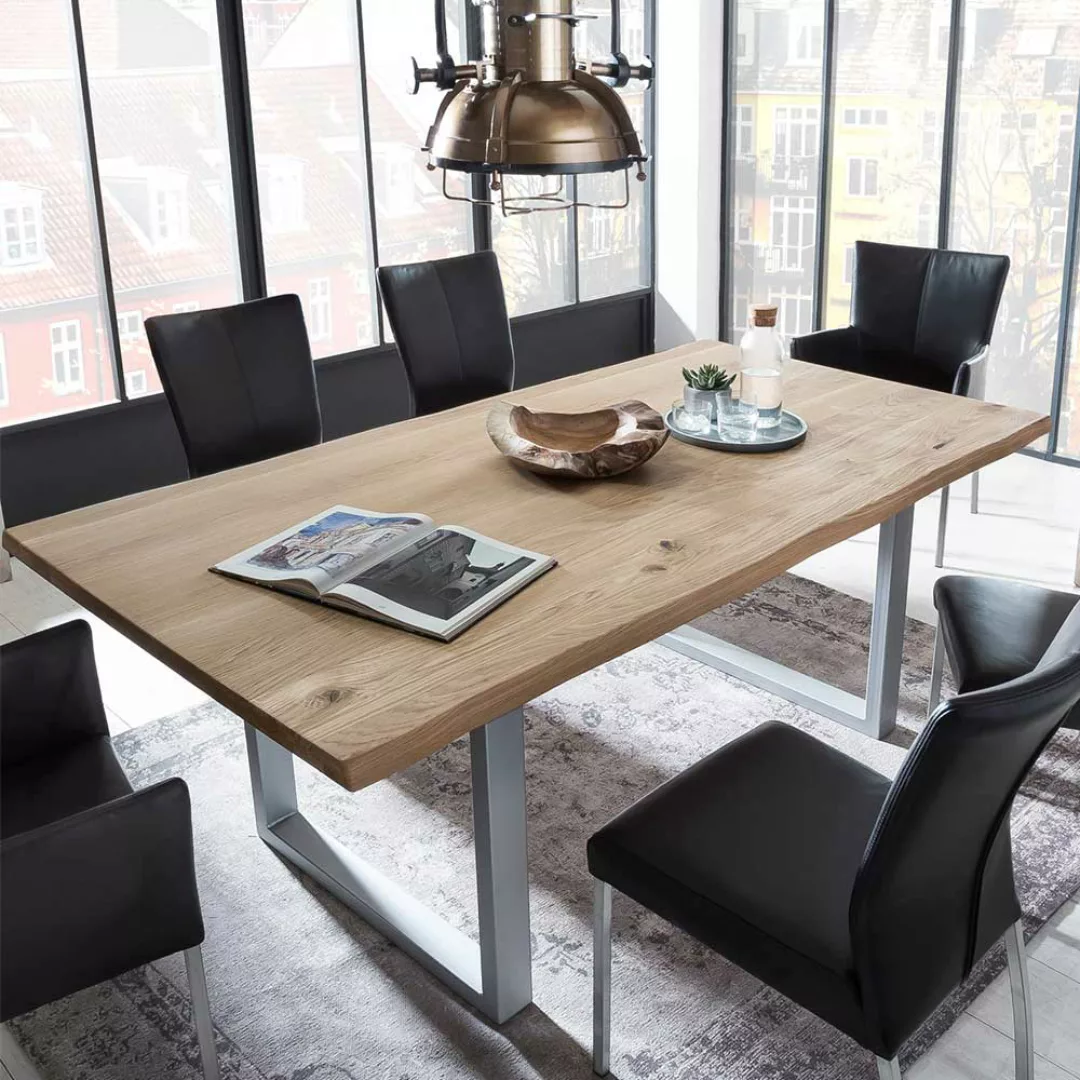 Baumkanten Esszimmertisch aus Wildeiche Massivholz und Metall Loft Design günstig online kaufen
