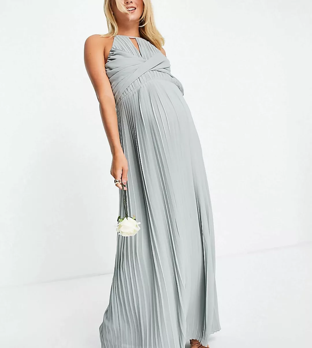 TFNC Maternity – Plissiertes Brautjungfern-Maxikleid mit Wickeldetail in Sa günstig online kaufen