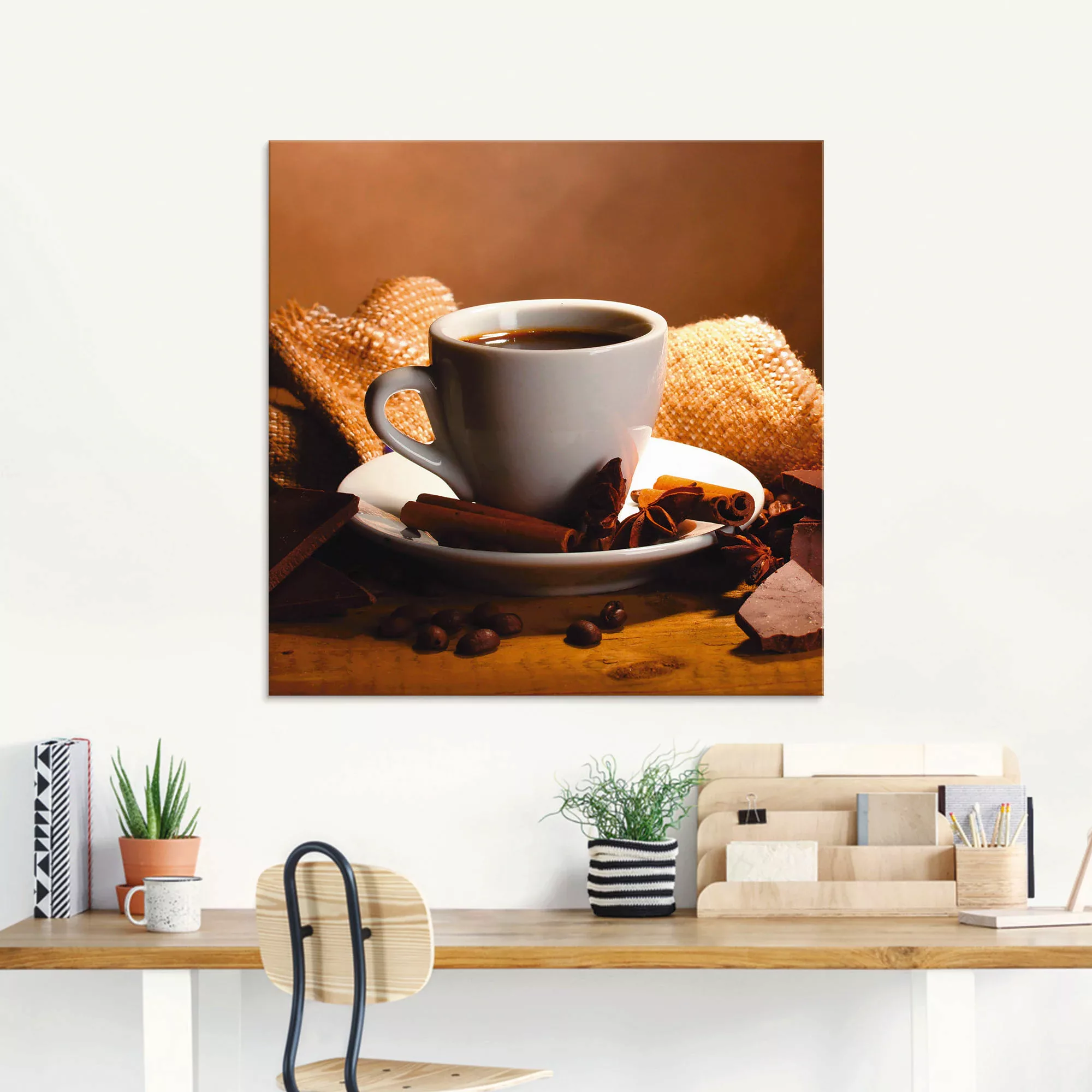 Artland Glasbild "Kaffeetasse Zimtstange Nüsse Schokolade", Getränke, (1 St günstig online kaufen