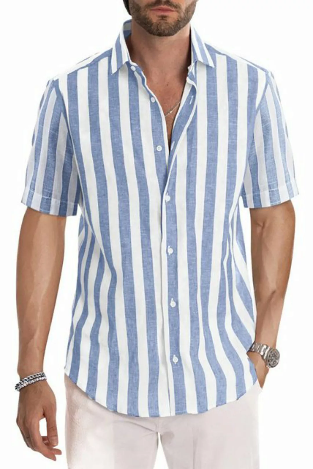 ZWY Sweatponcho Stilvolles, kurzärmliges, gestreiftes Hemd mit Knöpfen für günstig online kaufen