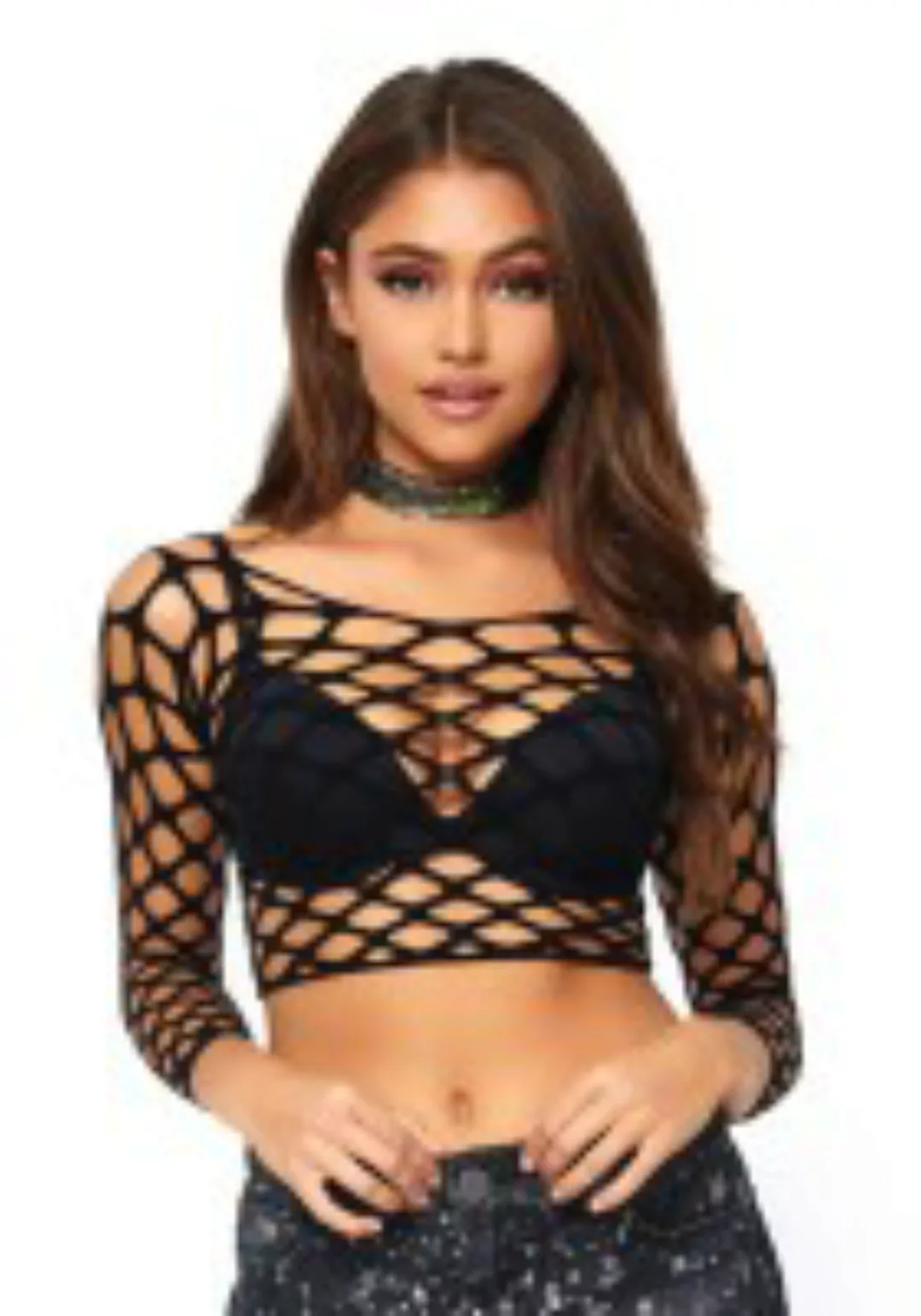 Langärmeliges Lochnetz-Crop-Top günstig online kaufen