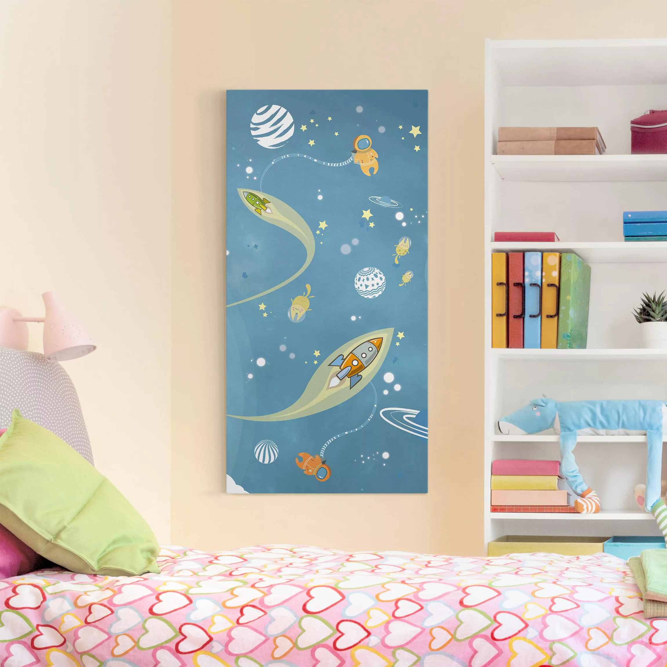 Leinwandbild Kinderzimmer - Querformat Buntes Weltraumtreiben günstig online kaufen