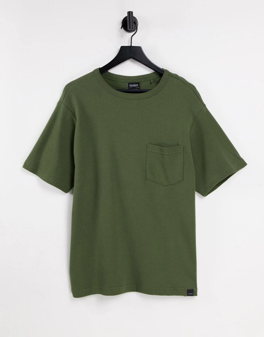 Pull&Bear – Oversize-T-Shirt in Khaki mit Waffelstruktur-Grün günstig online kaufen