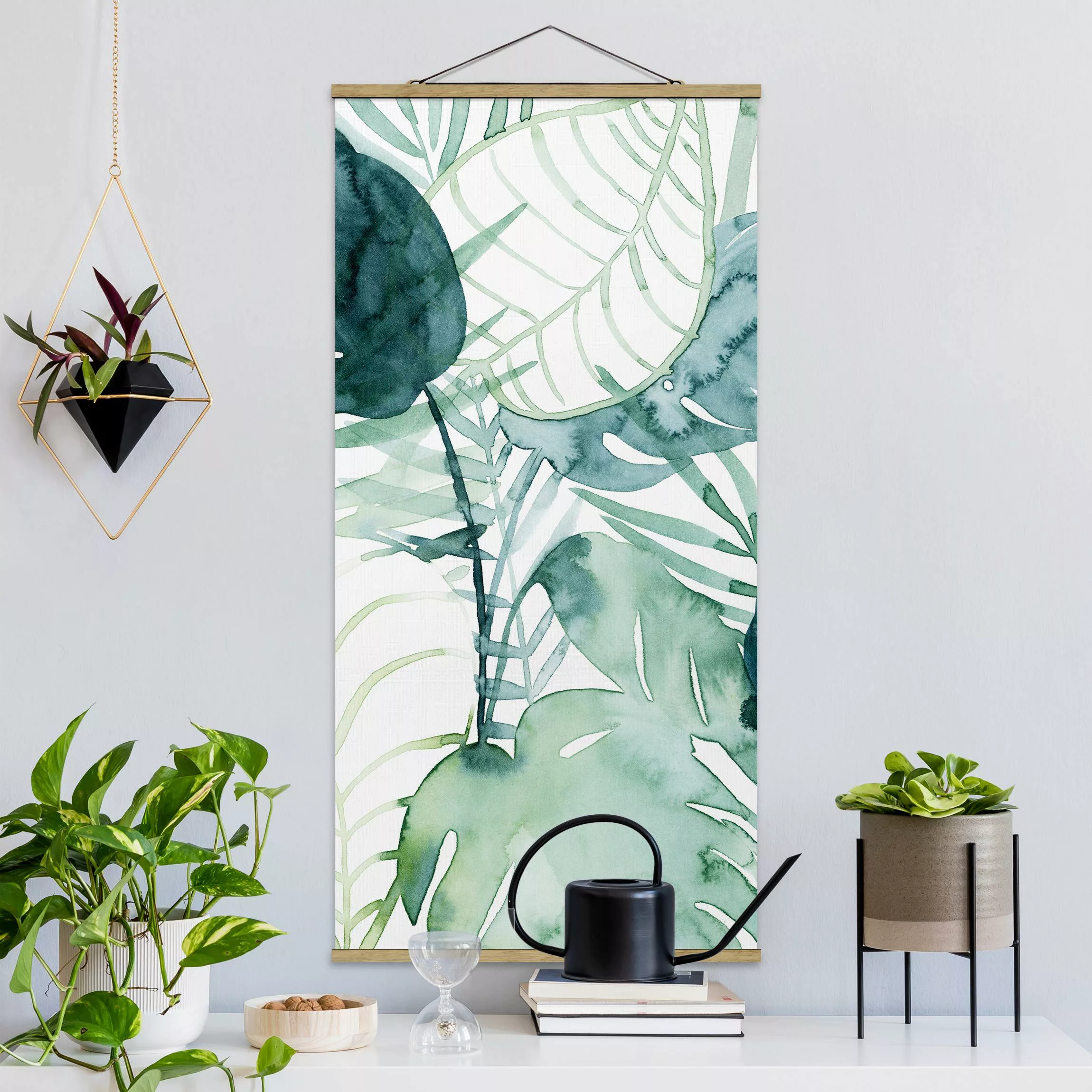 Stoffbild Blumen mit Posterleisten - Hochformat Palmwedel in Wasserfarbe II günstig online kaufen
