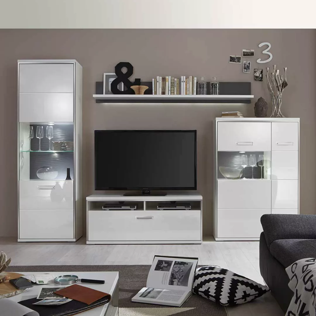 TV Anbauwand in LED Beleuchtung Hochglanz Weiß (vierteilig) günstig online kaufen
