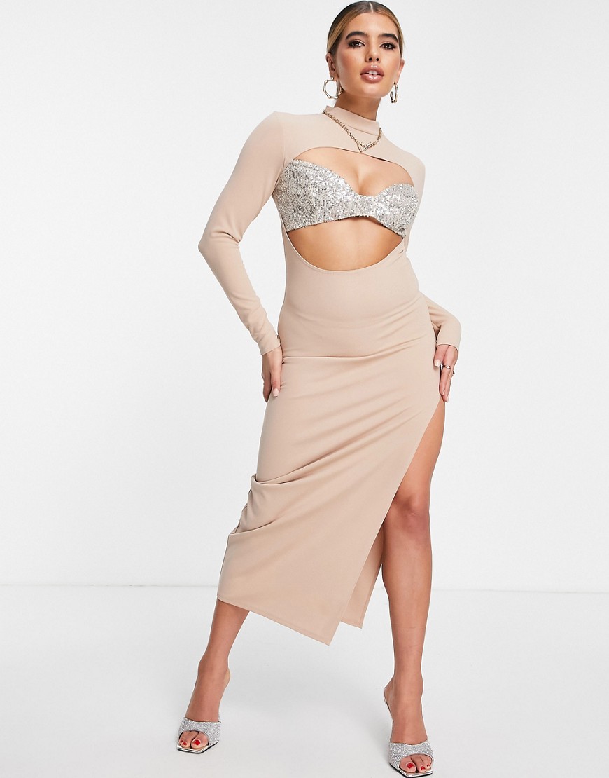 ASOS DESIGN – Hochgeschlossenes, langärmliges Midikleid in Nude mit Zieraus günstig online kaufen