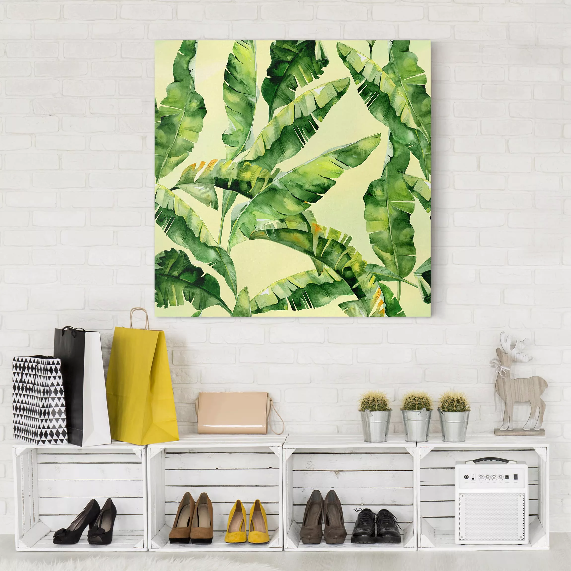 Leinwandbild Botanik - Quadrat Bananenblätter Aquarell günstig online kaufen