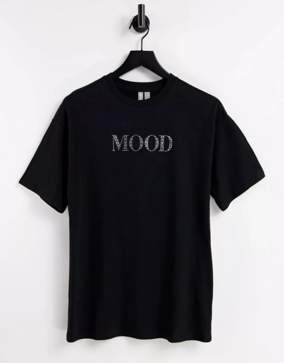 ASOS DESIGN – Oversize-T-Shirt in Schwarz mit „Mood“-Kristallverzierung günstig online kaufen
