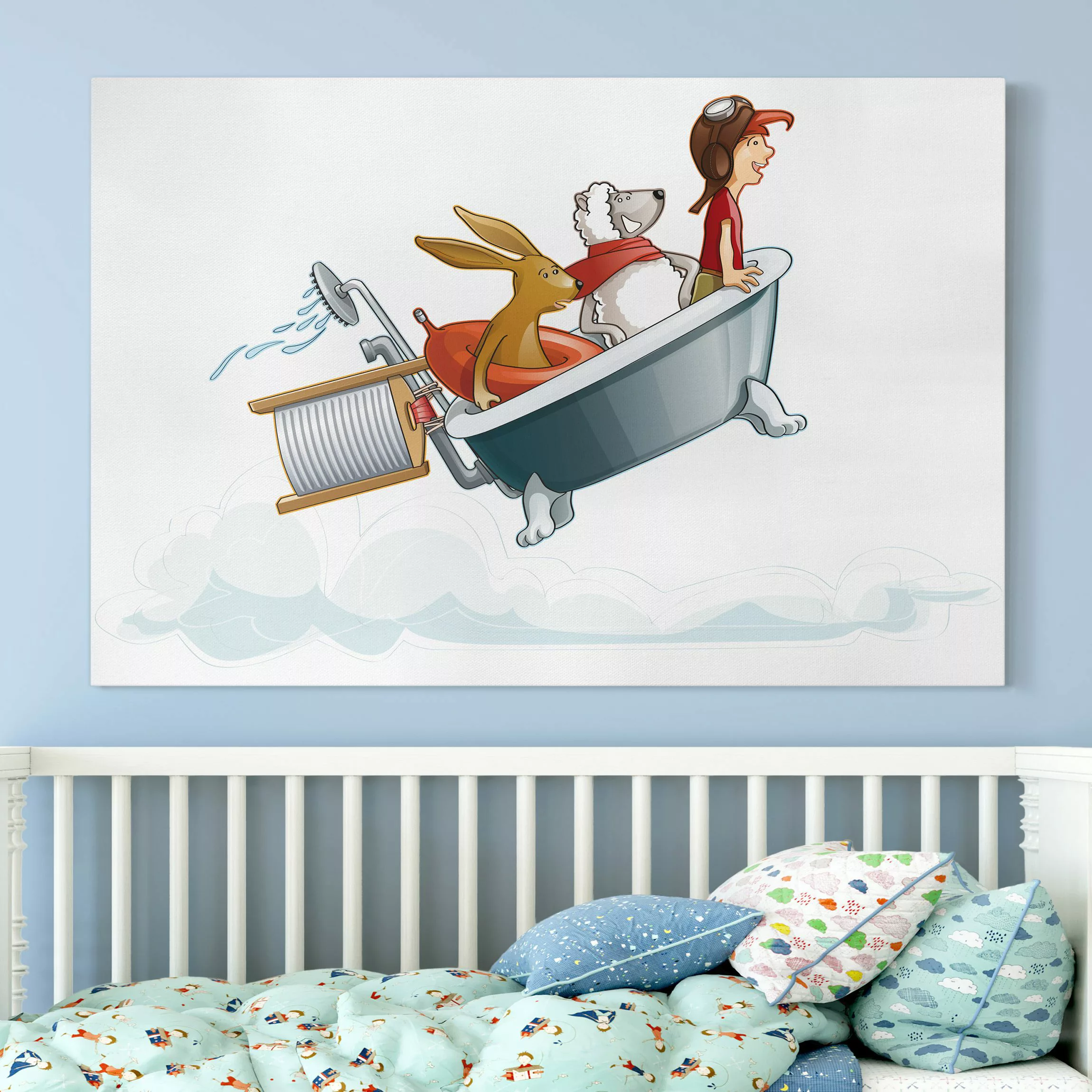 Leinwandbild Kinderzimmer - Querformat Fliegender Bauernhof Badewanne günstig online kaufen