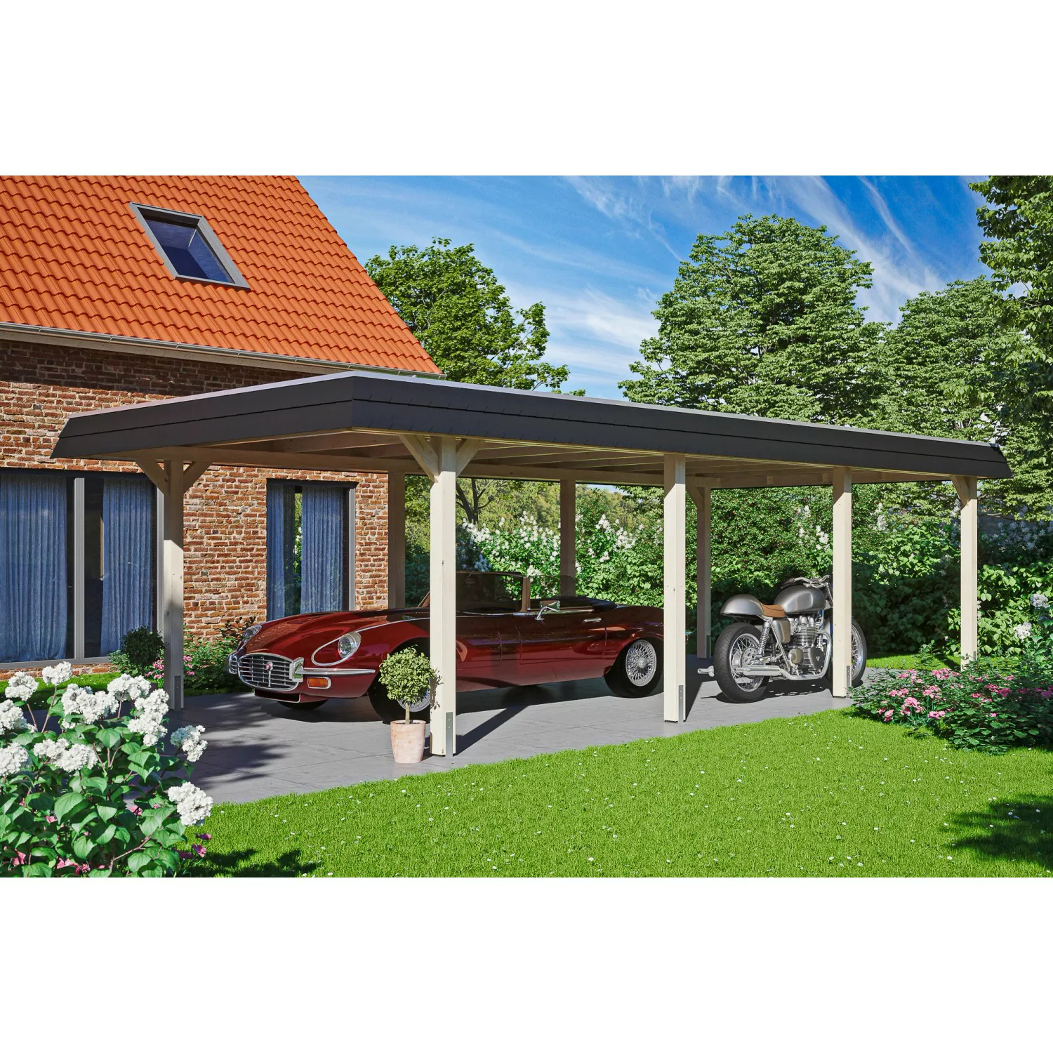 Skan Holz Carport Wendland Natur 409 x 870 cm Alu-Dach Blende Schwarz günstig online kaufen