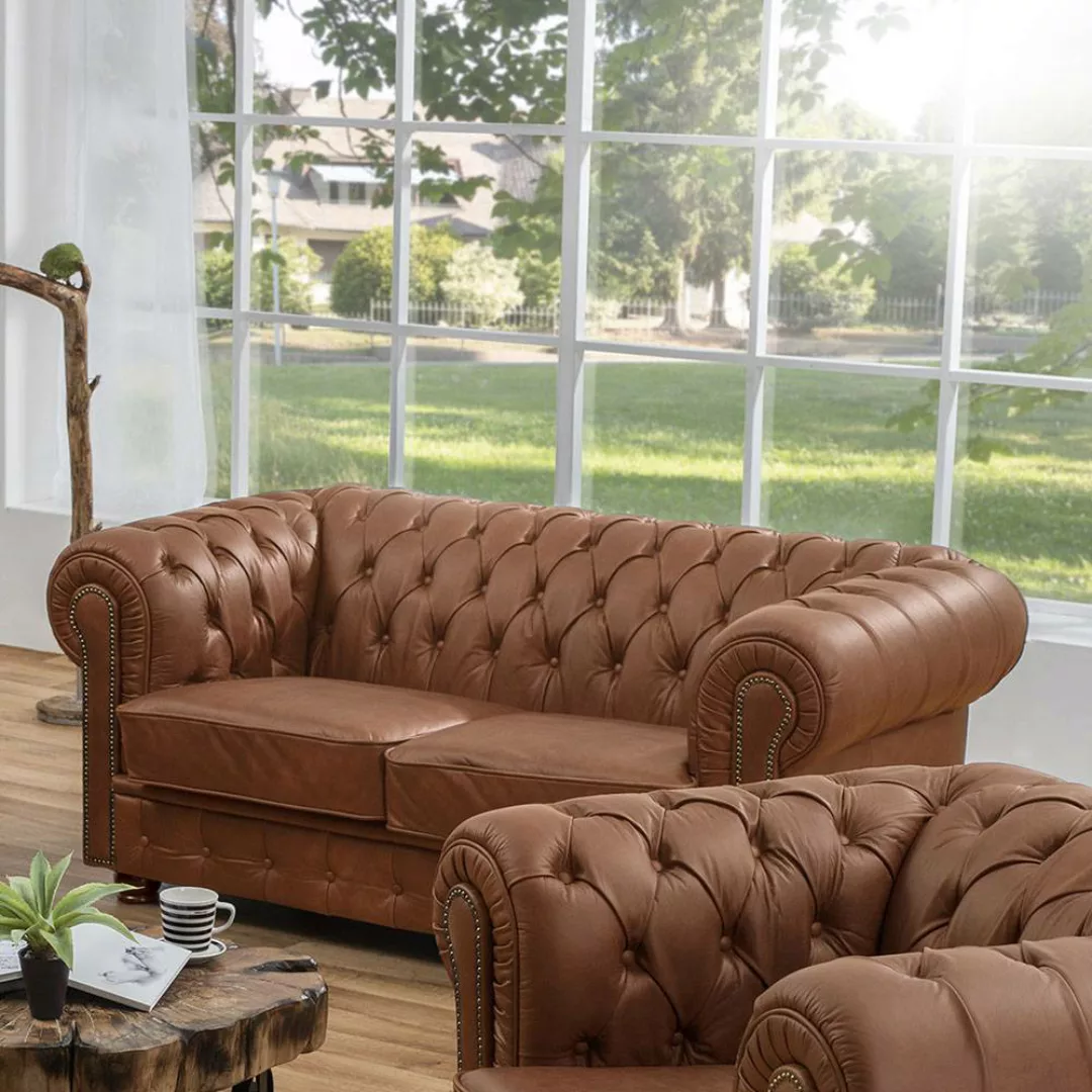 Wohnzimmer Sofa Cognac Braun aus Echtleder Chesterfield Look günstig online kaufen