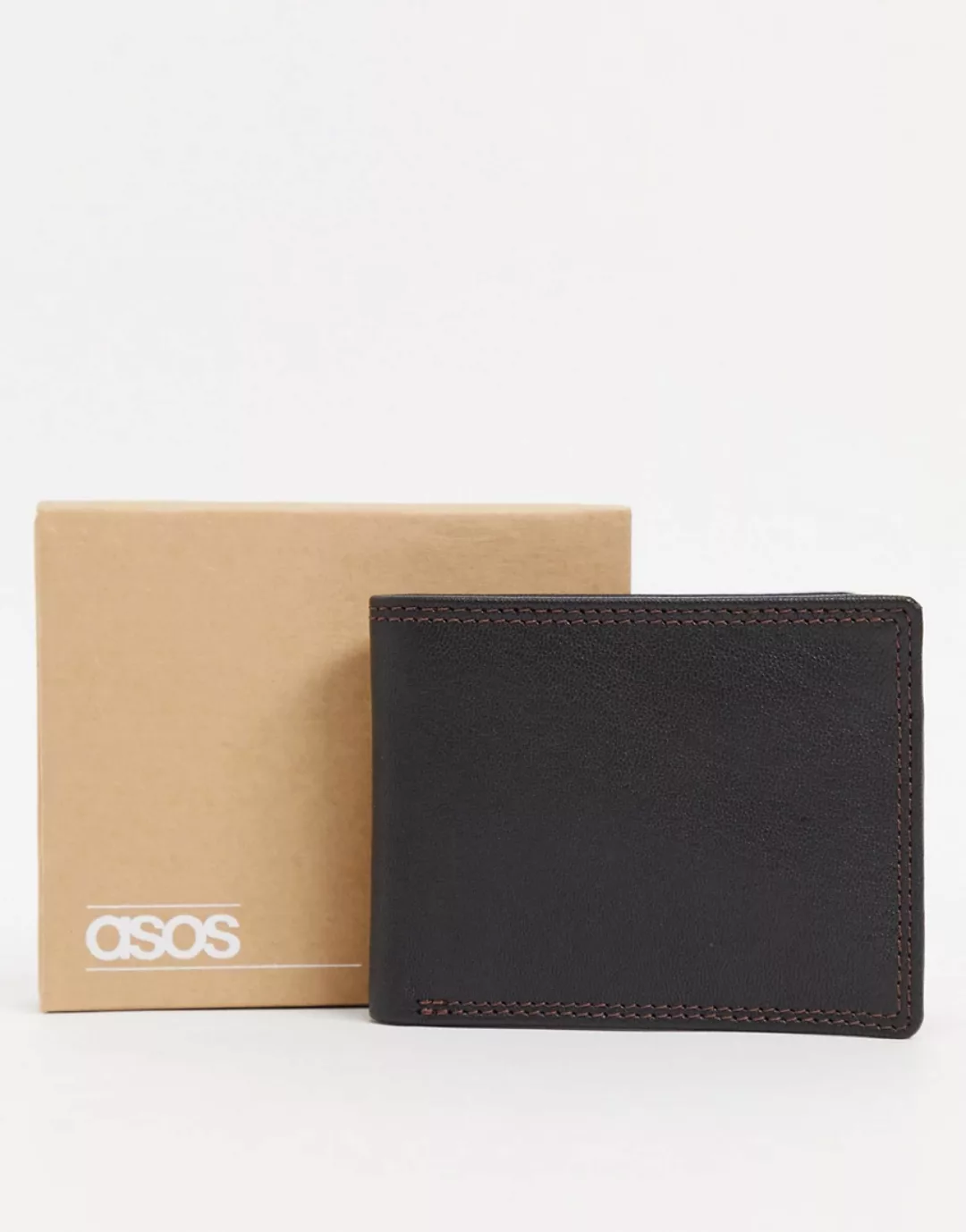 ASOS DESIGN – Brieftasche aus Leder in Schwarz mit Kontrastinnenseite in Bu günstig online kaufen