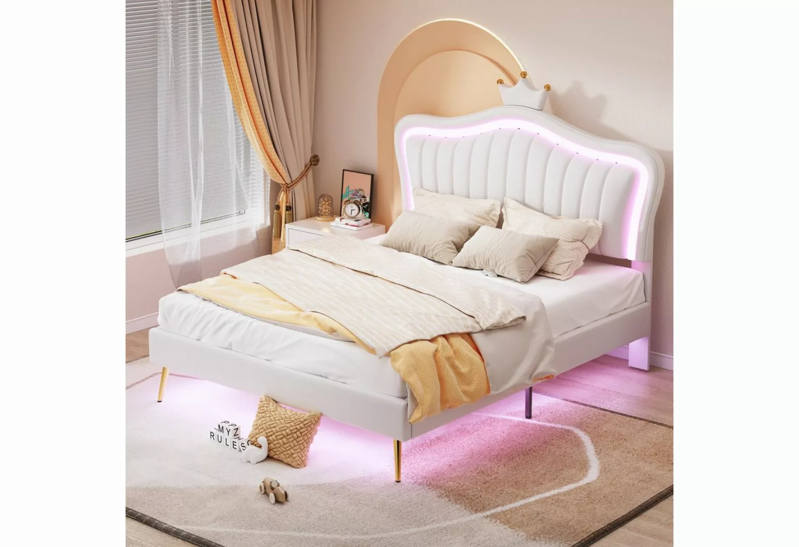Celya Kinderbett Polsterbett 140x200cm Bettgestell für Mädchen, mit LED-Leu günstig online kaufen