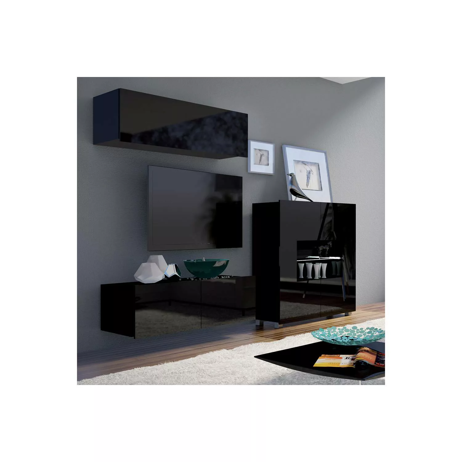 TV-Möbel Set mit Highboard und LED Beleuchtung in schwarz Hochglanz CAIRNS- günstig online kaufen