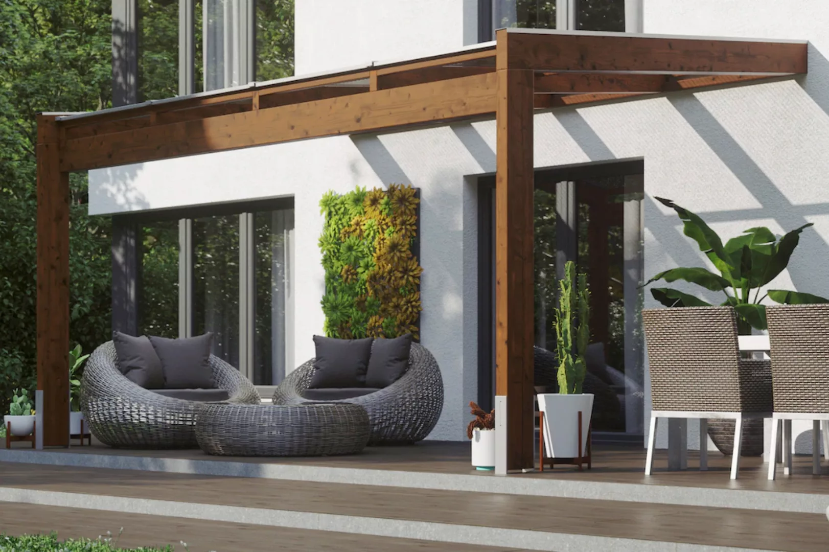 Skan Holz Terrassenüberdachung Novara 450 cm x 359 cm Nussbaum günstig online kaufen