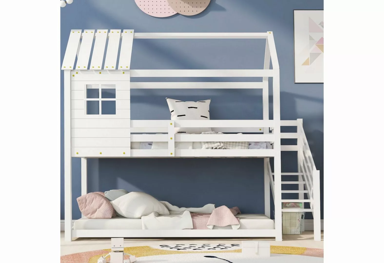 Fangqi Hausbett 90x200 großes Kinder-Etagenbett mit Ecktreppe, Fallschutz u günstig online kaufen