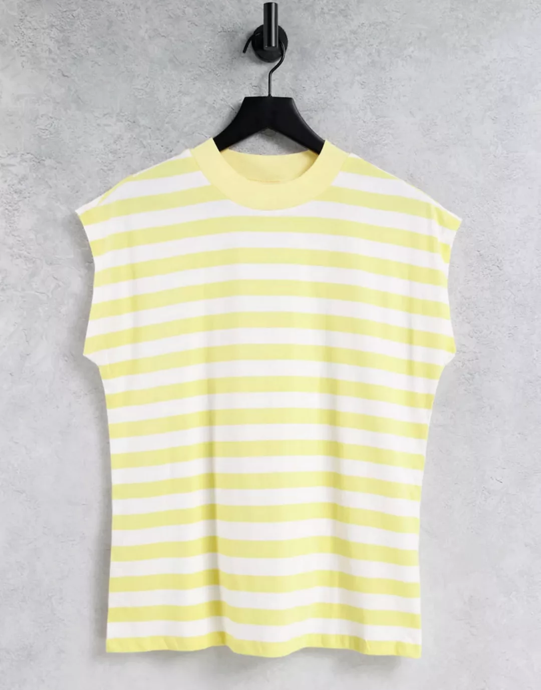 ASOS DESIGN – Kastenförmiges, ärmelloses T-Shirt in Gelb gestreift günstig online kaufen