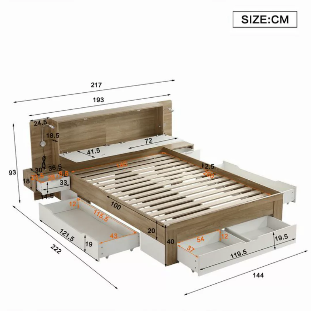 Flieks Holzbett, LED Doppelbett mit 2 Nachttische und mehreren Schubladen 1 günstig online kaufen