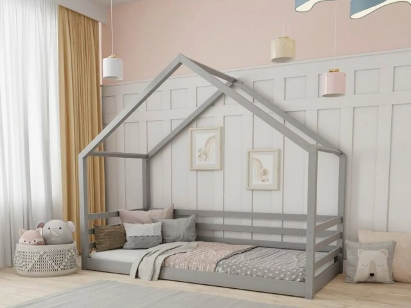 Deine Möbel 24 Hausbett Kinderbett Einzelbett COMET Weiß Grau Kiefer Beige günstig online kaufen