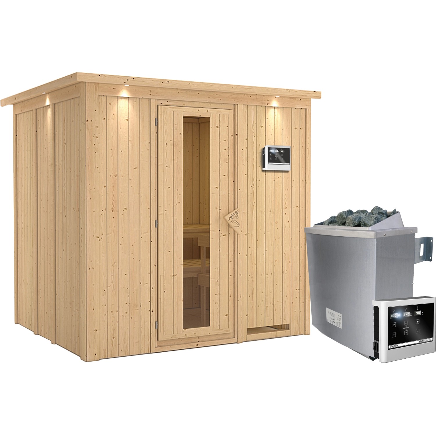 Karibu Sauna Stina inkl. Ofen 9 kW m. ext. Steuerung, Dachkranz, Energiespa günstig online kaufen