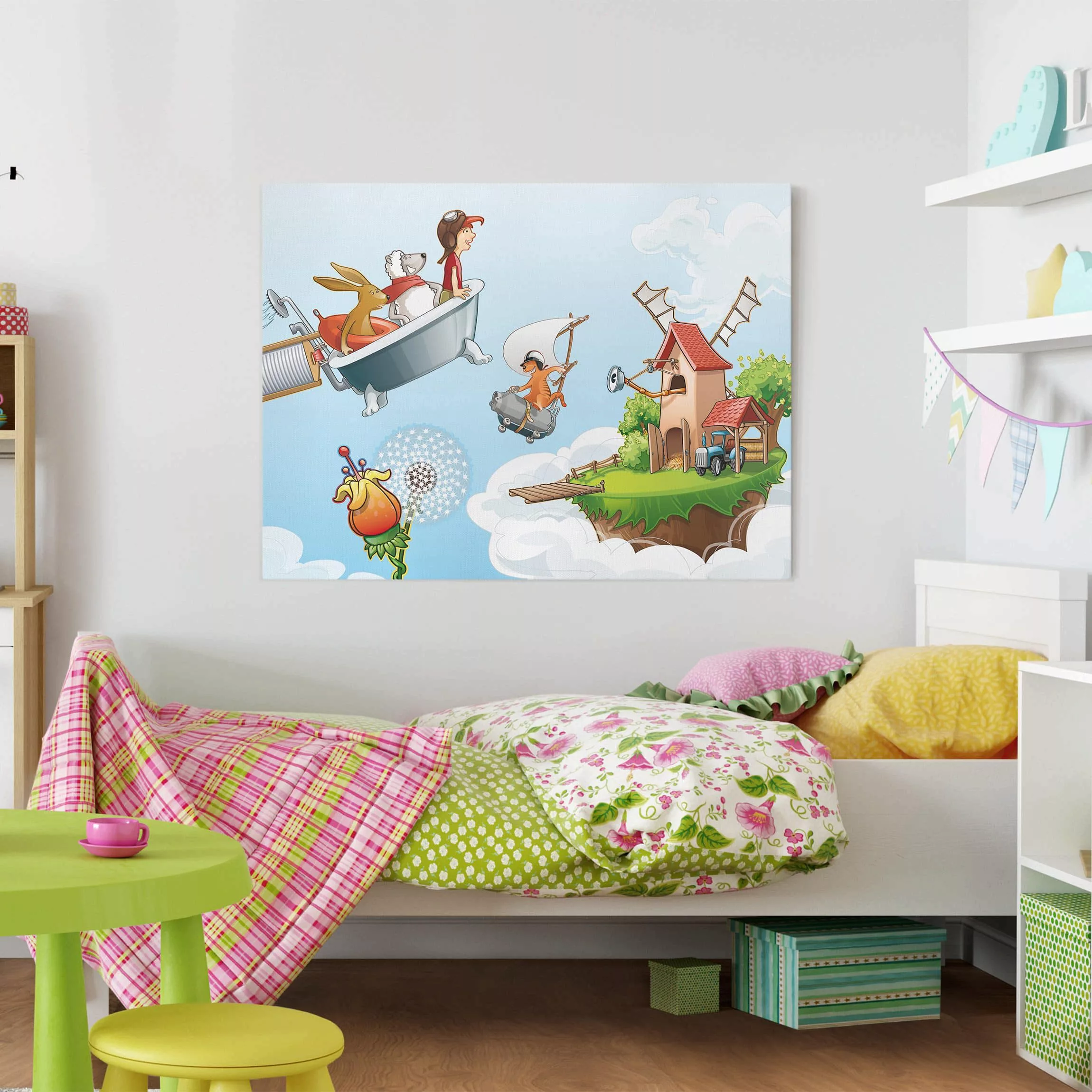 Leinwandbild Kinderzimmer - Querformat Fliegender Bauernhof Hoch hinaus günstig online kaufen