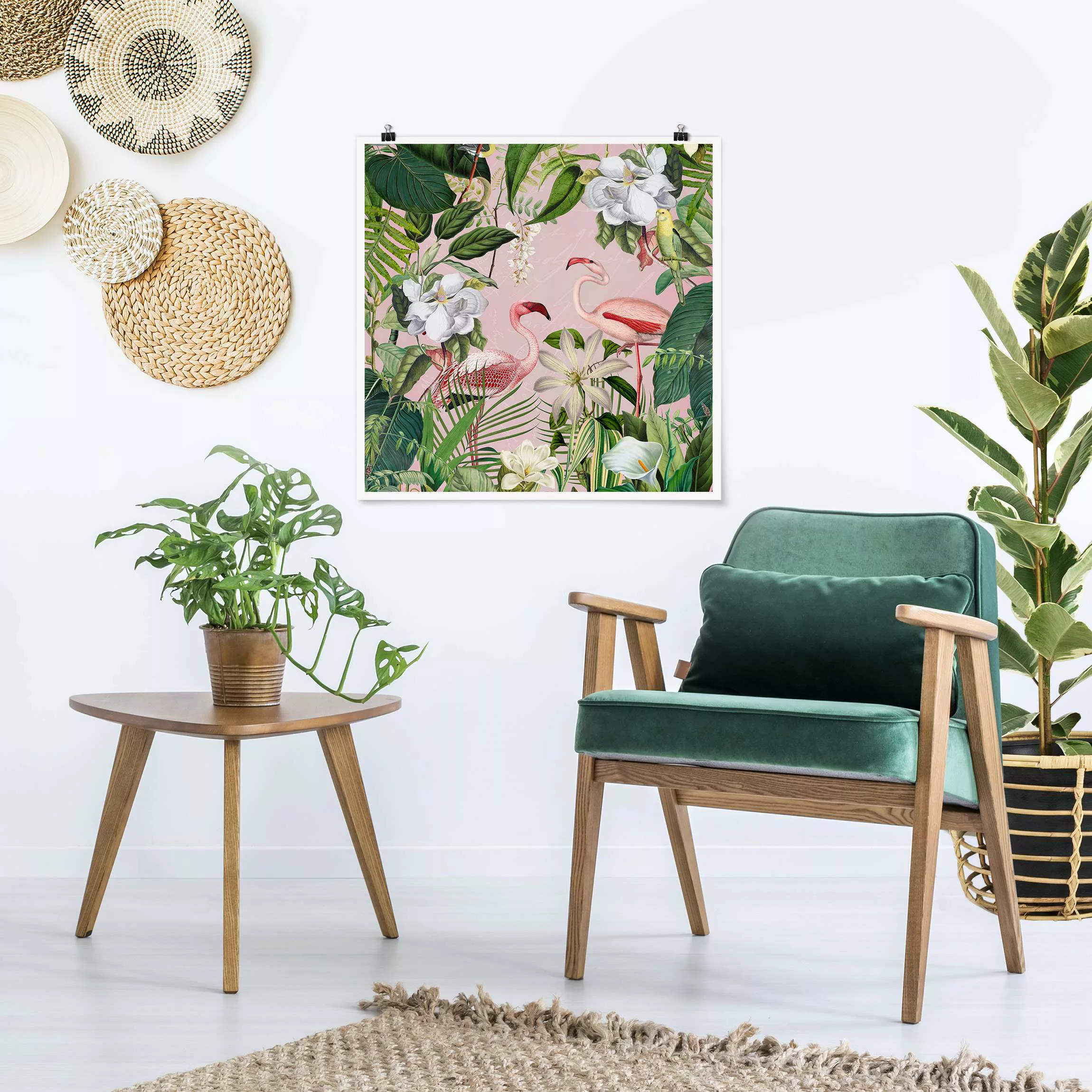 Poster Tropische Flamingos mit Pflanzen in Rosa günstig online kaufen