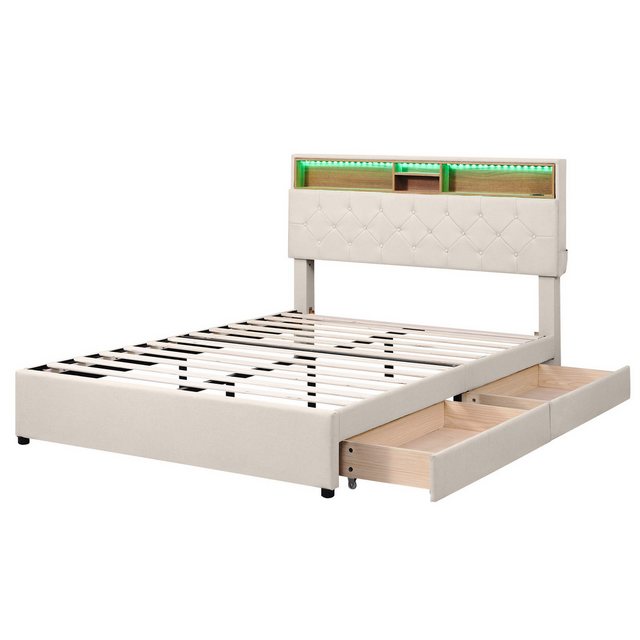 Welikera Bett 140x200cm Doppelbett Stauraum-Kopfteil Funktionsbett mit 2 Sc günstig online kaufen