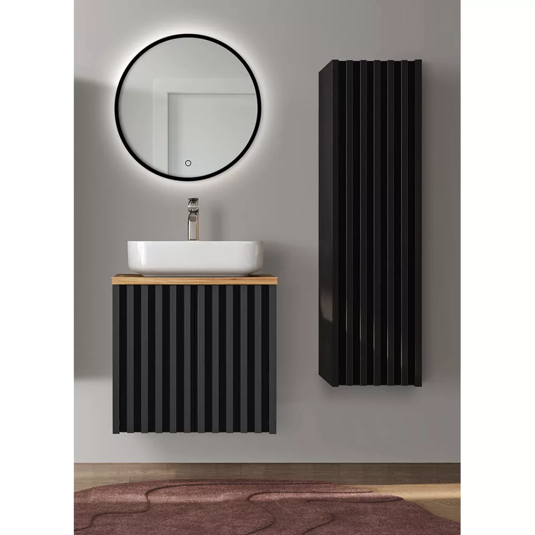 Badmöbel Set mit 60 cm Waschtisch, Hochschrank NANTES-107 in schwarz mit La günstig online kaufen