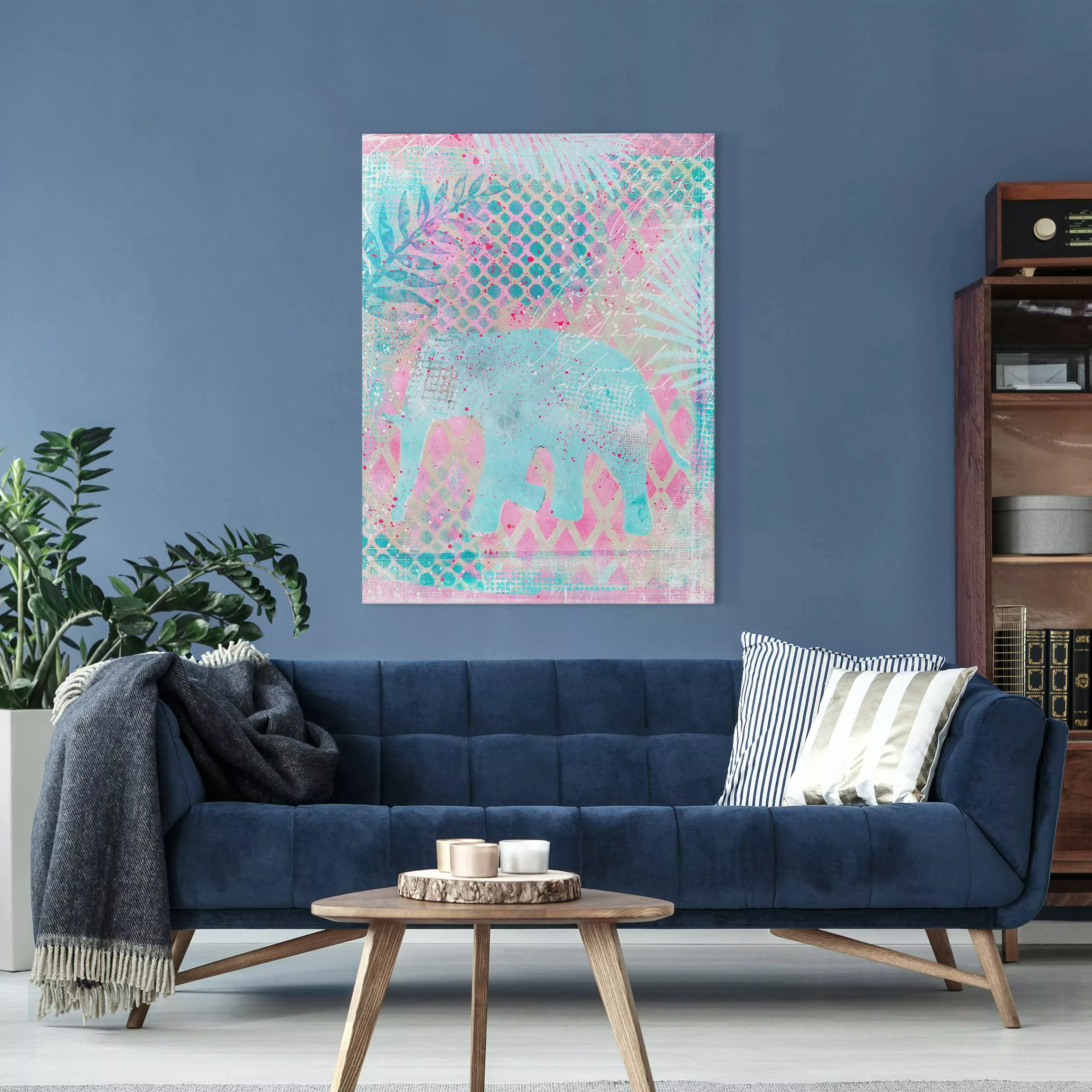 Leinwandbild Bunte Collage - Elefant in Blau und Rosa günstig online kaufen