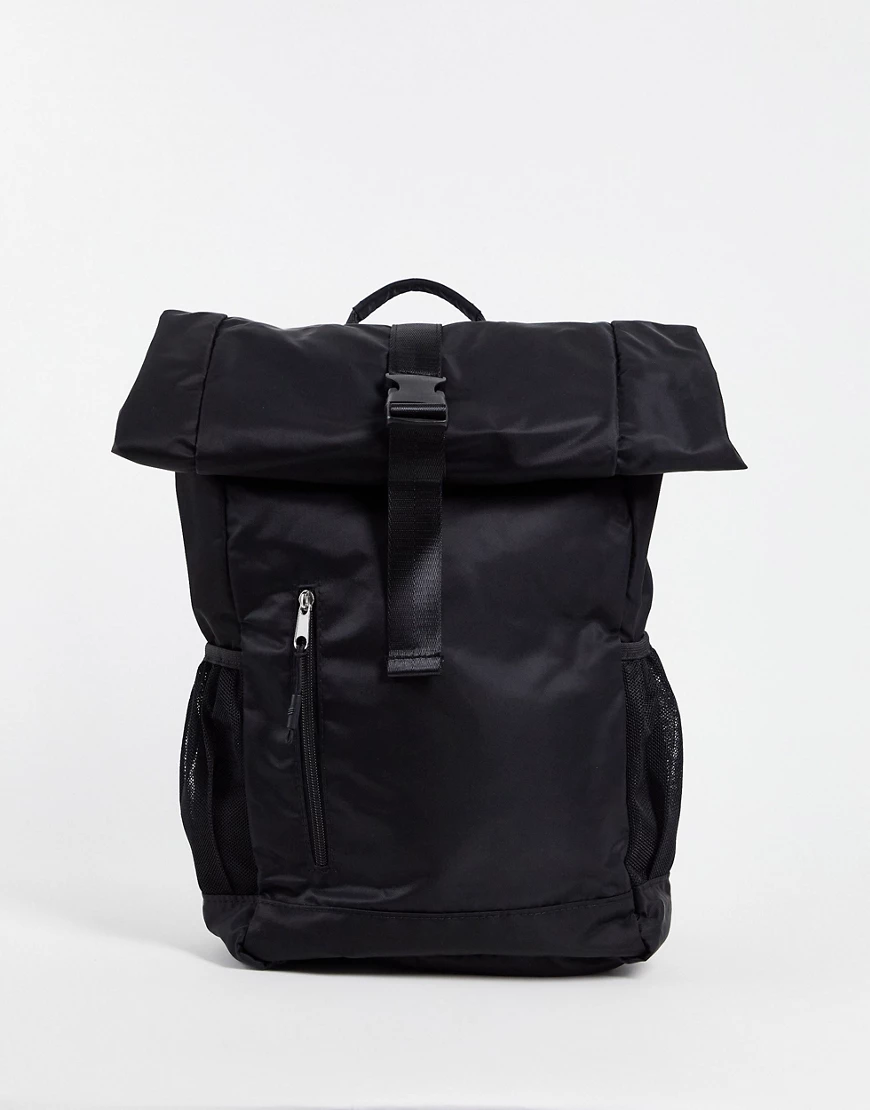 ASOS DESIGN – Rucksack aus Nylon in Schwarz mit gerolltem Umschlag oben und günstig online kaufen