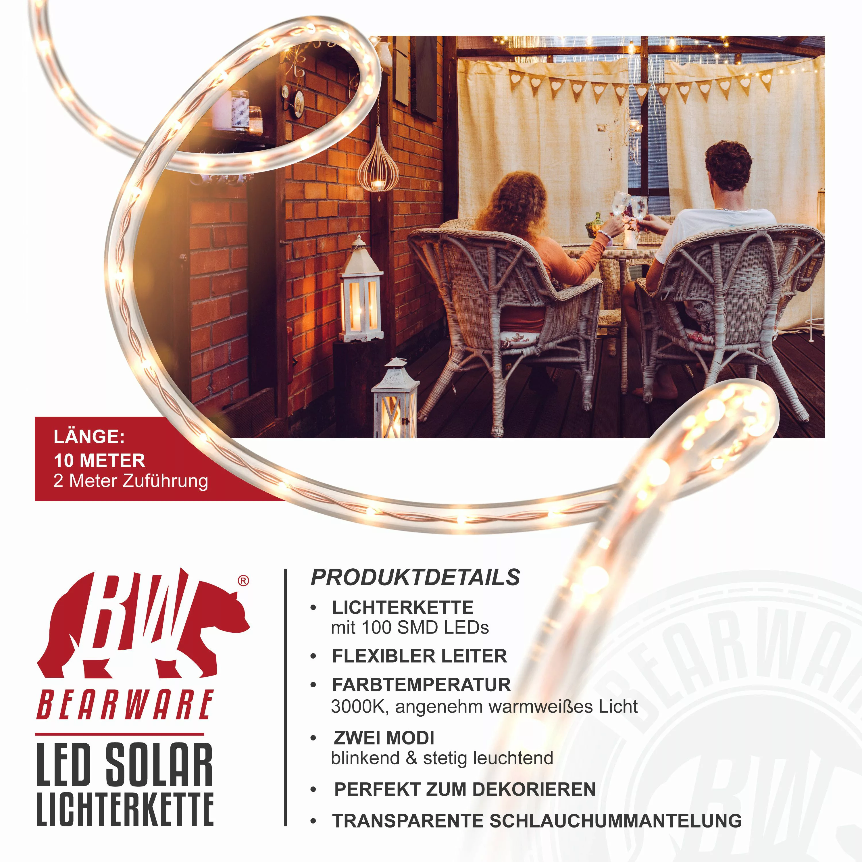 BEARWARE LED-Lichterkette, Solar 10m warmweiß, Innen günstig online kaufen