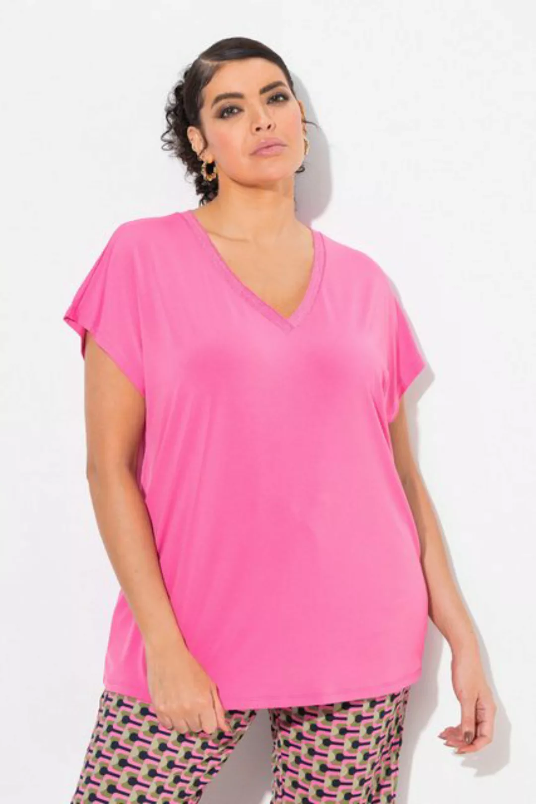 Ulla Popken Longtop T-Shirt Oversized Glitzer-V-Ausschnitt Halbarm günstig online kaufen