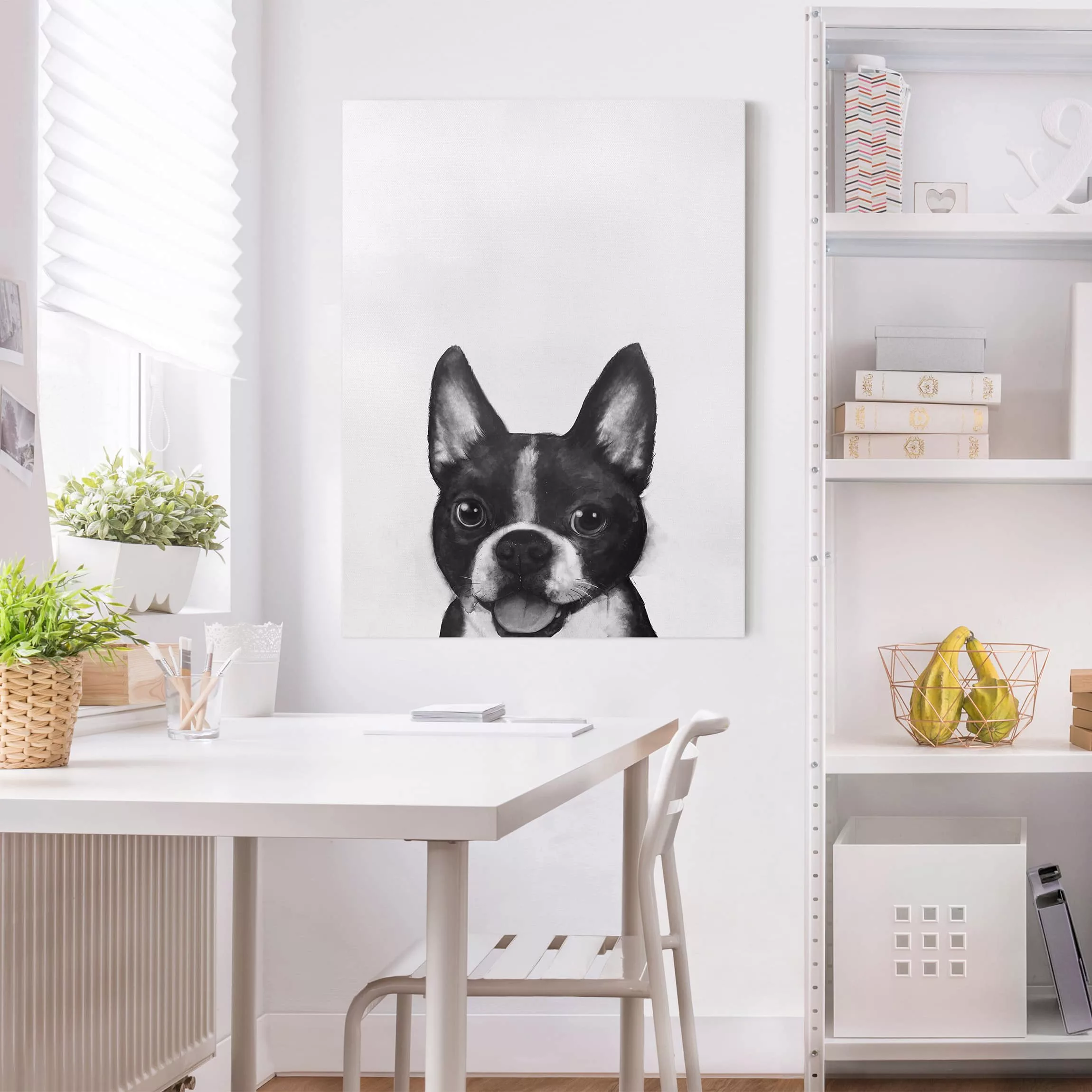 Leinwandbild Tiere - Hochformat Illustration Hund Boston Schwarz Weiß Maler günstig online kaufen