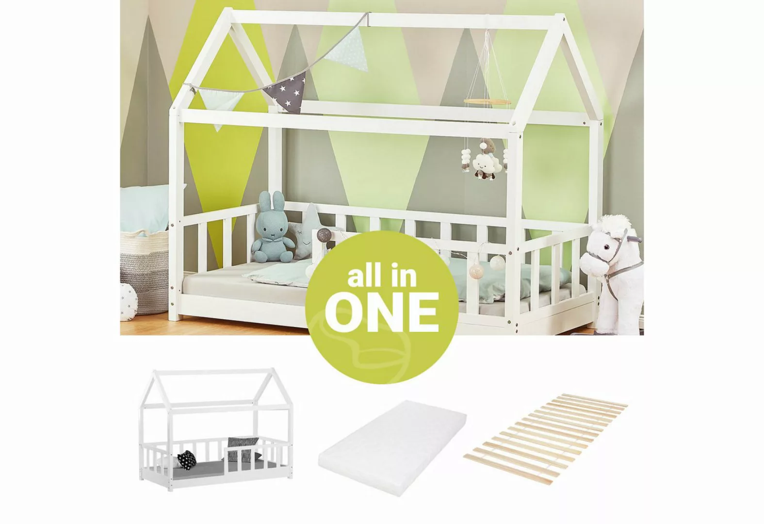 Homestyle4u Kinderbett 80x160 cm Hausbett Bodenbett Holzbett Weiß mit Rausf günstig online kaufen