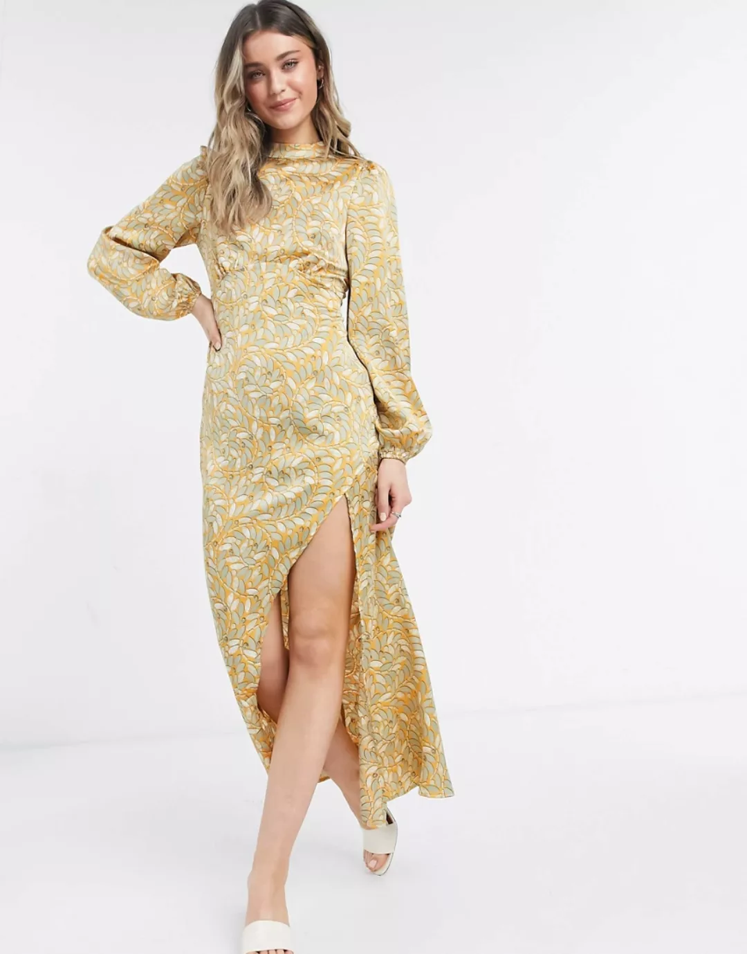 Never Fully Dressed – Langärmliges Midaxikleid mit buntem Blattprint-Mehrfa günstig online kaufen